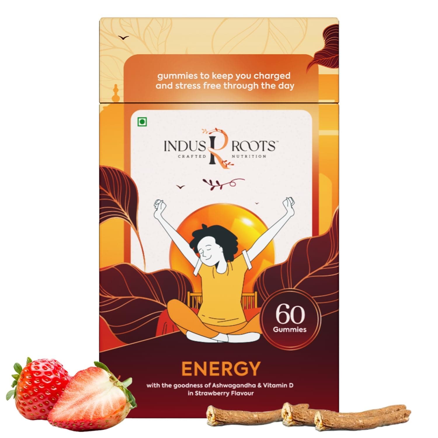 Indus Roots Ashwagandha and Vitamin D Energy Gummies for Men, Women, Helps to Improve Energy, Immunity, Muscle Strength, Reduces Stress, Enhances Sleep Quality, Vegan - 60 Gummies (Pack of 1)
