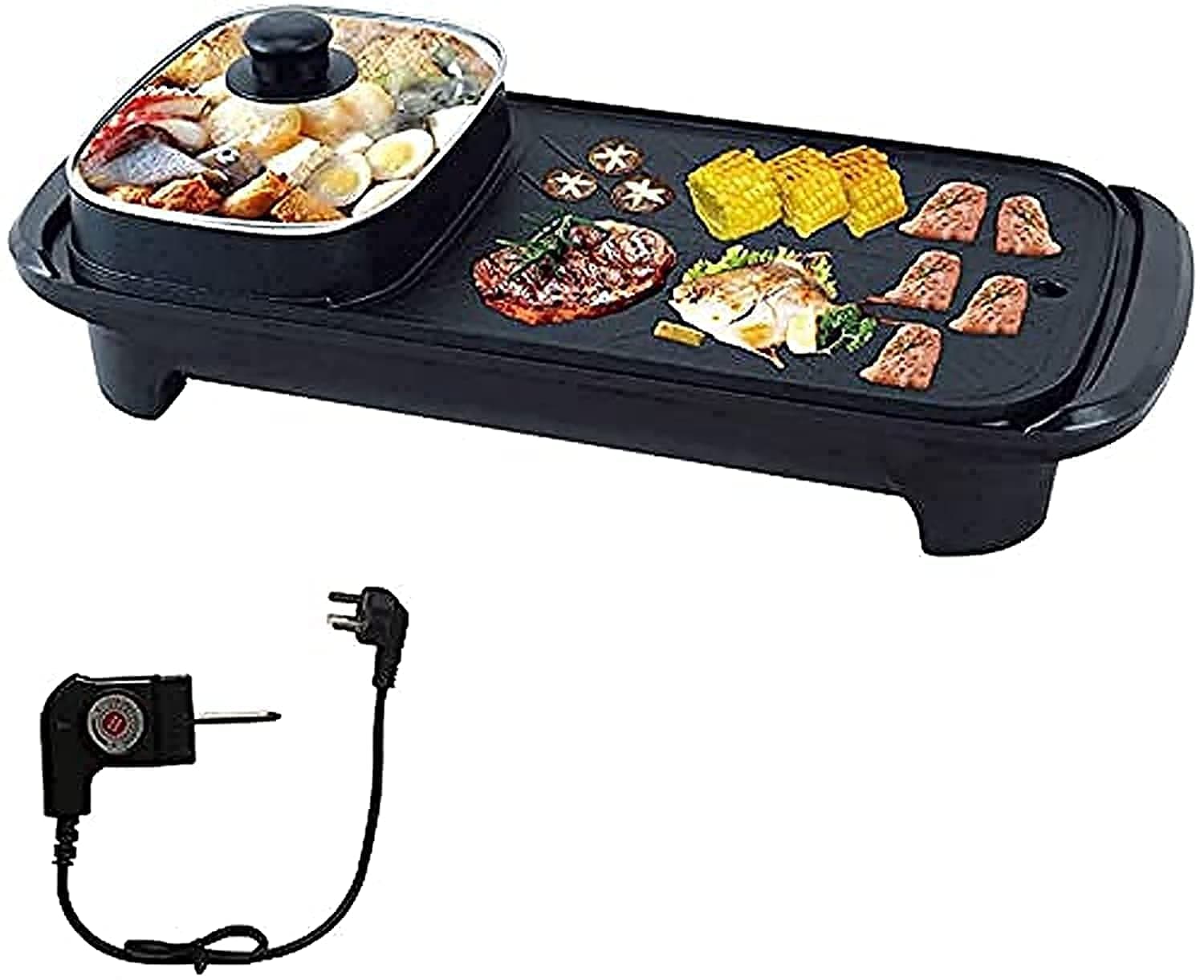 Jorunb Electric BBQ Roasting Pans, Electric Hot Pot, Smokeless Non-Stick Indoor 2 in 1 Electric BBQ Grill, Multi-functional Shabu Hot Pot, Electric Barbecue Oven for Family Party