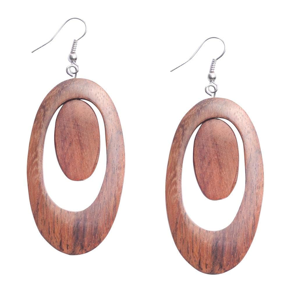 81stgenerationWomen's Wood 925 Sterling Silver Oval Hoop Mod 60s Brown Dangle Earrings