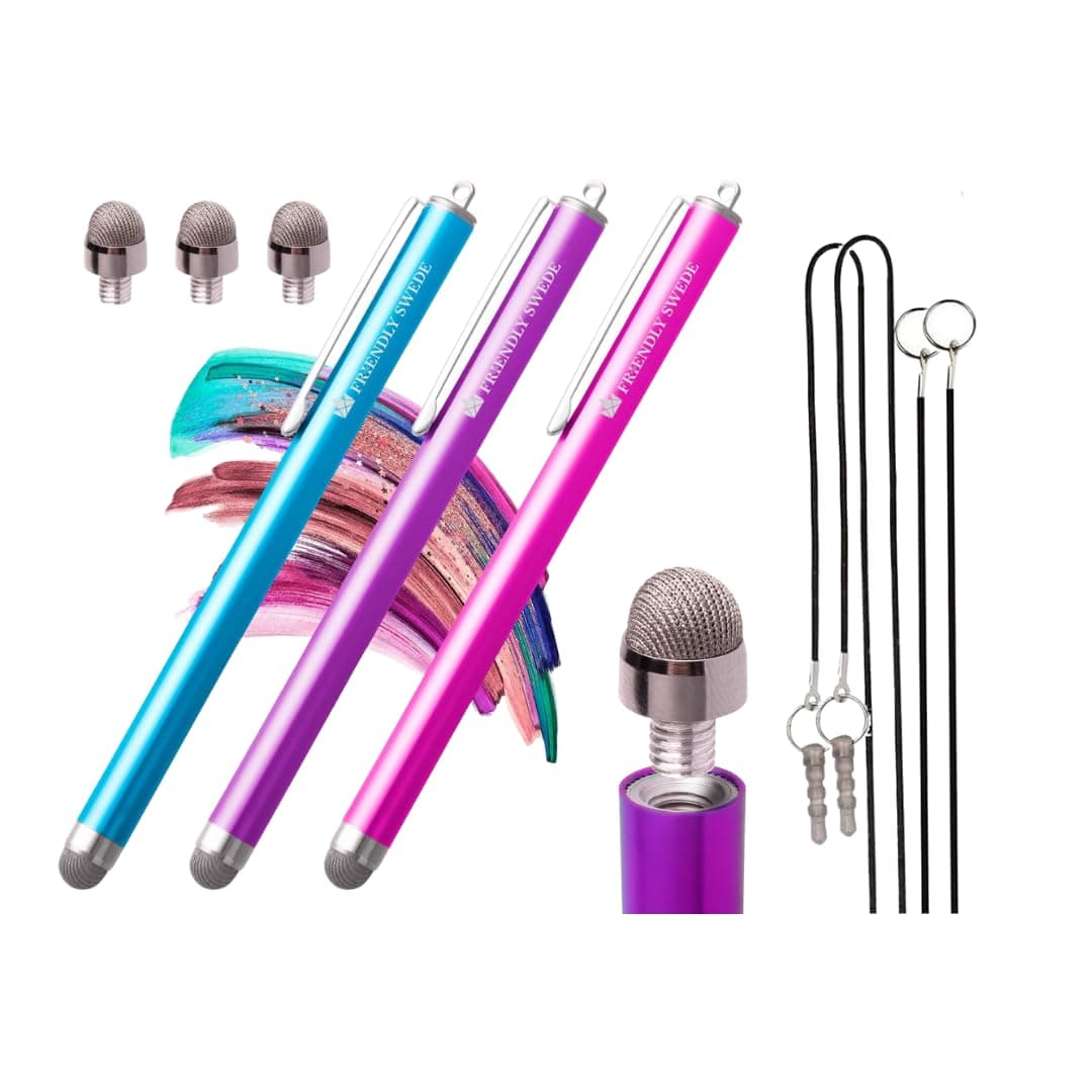 The Friendly Swede The Friendly Swede Replaceable Micro-Knit Tip Hybrid Stylus with Lanyards, Cloth and Replacement Tips (3 Pack) (Hot Pink + Light Blue + Purple)