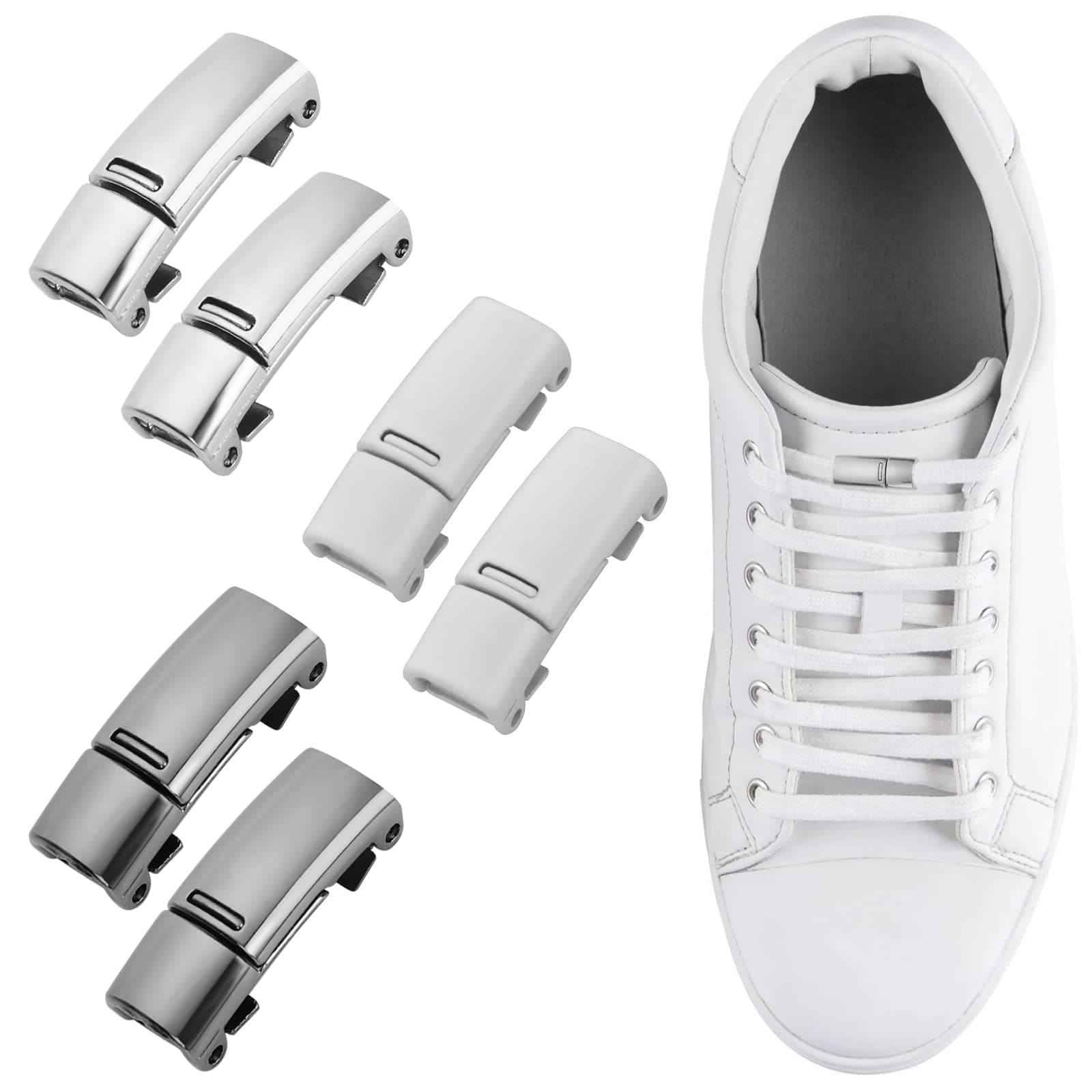 6 Pieces No Tie Shoe Laces for Adults, Shoelaces Buckle Lock No Tie Elastic Shoelaces Magnetic Shoe Laces Lock One Size Fits All Kids & Adult (White, Black, Silver)