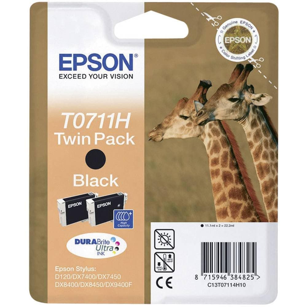 Epson Original T0711H High Capacity Black Ink Cartridge Twin Pack, Genuine