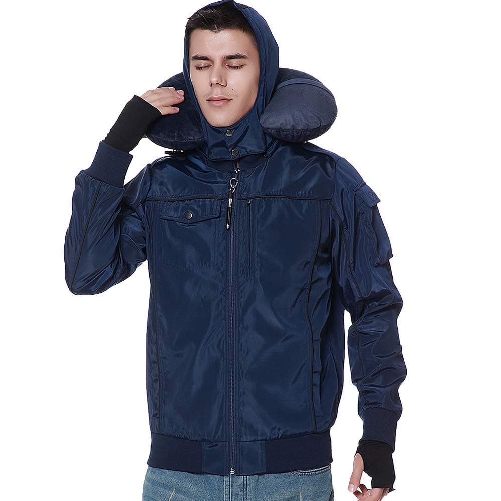 BOMBAX 10 Pockets Men Travel Jacket Flight Bomber Windbreaker Hoodie Coat Pillow