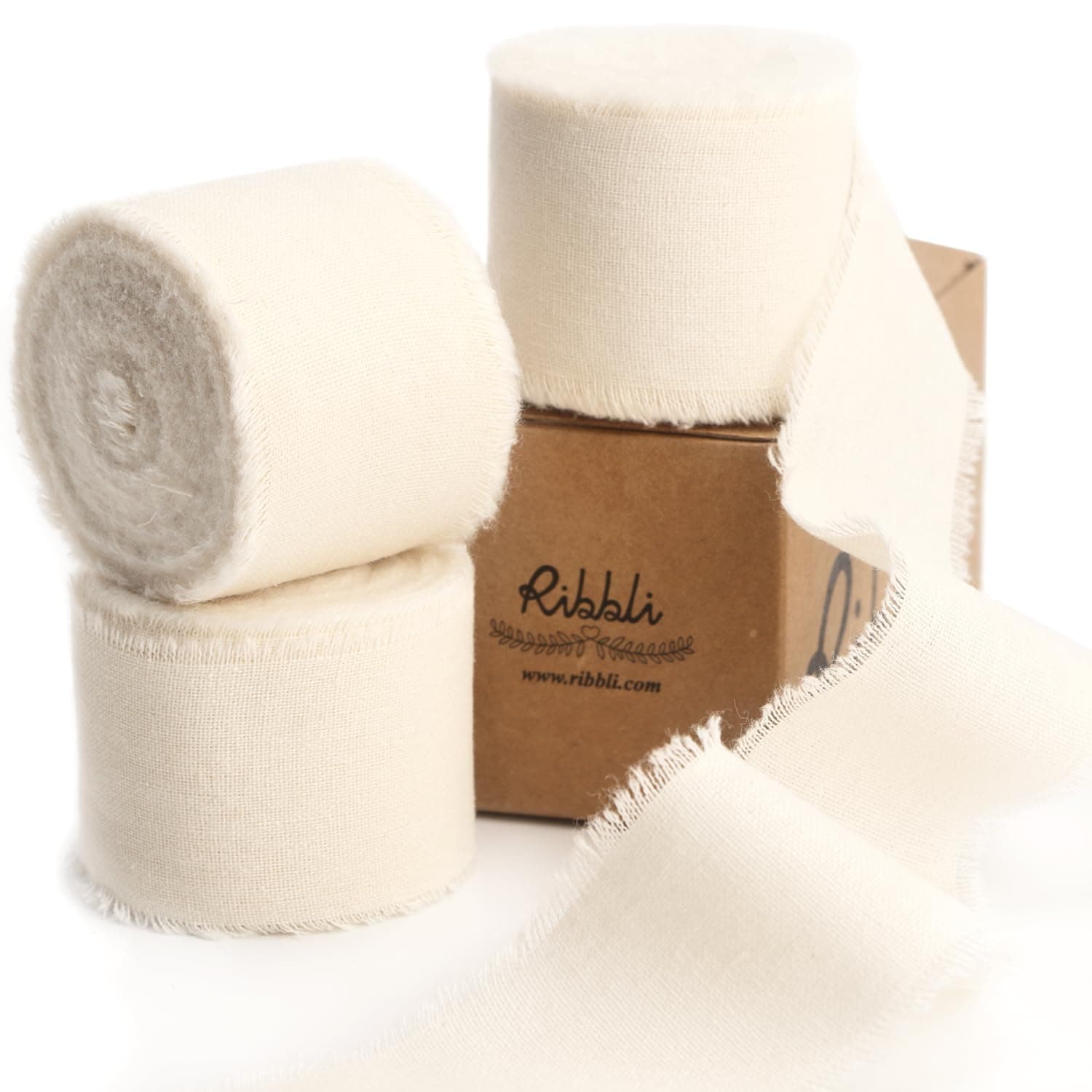 Ribbli3 Rolls Ivory Ribbon 1.5 Inch x 18Yards Cream White Handmade Cotton Frayed Fringe Ribbons for Gift Wrapping Wedding Invites Bridal Bouquets Baby Shower DIY Crafts Home Decor
