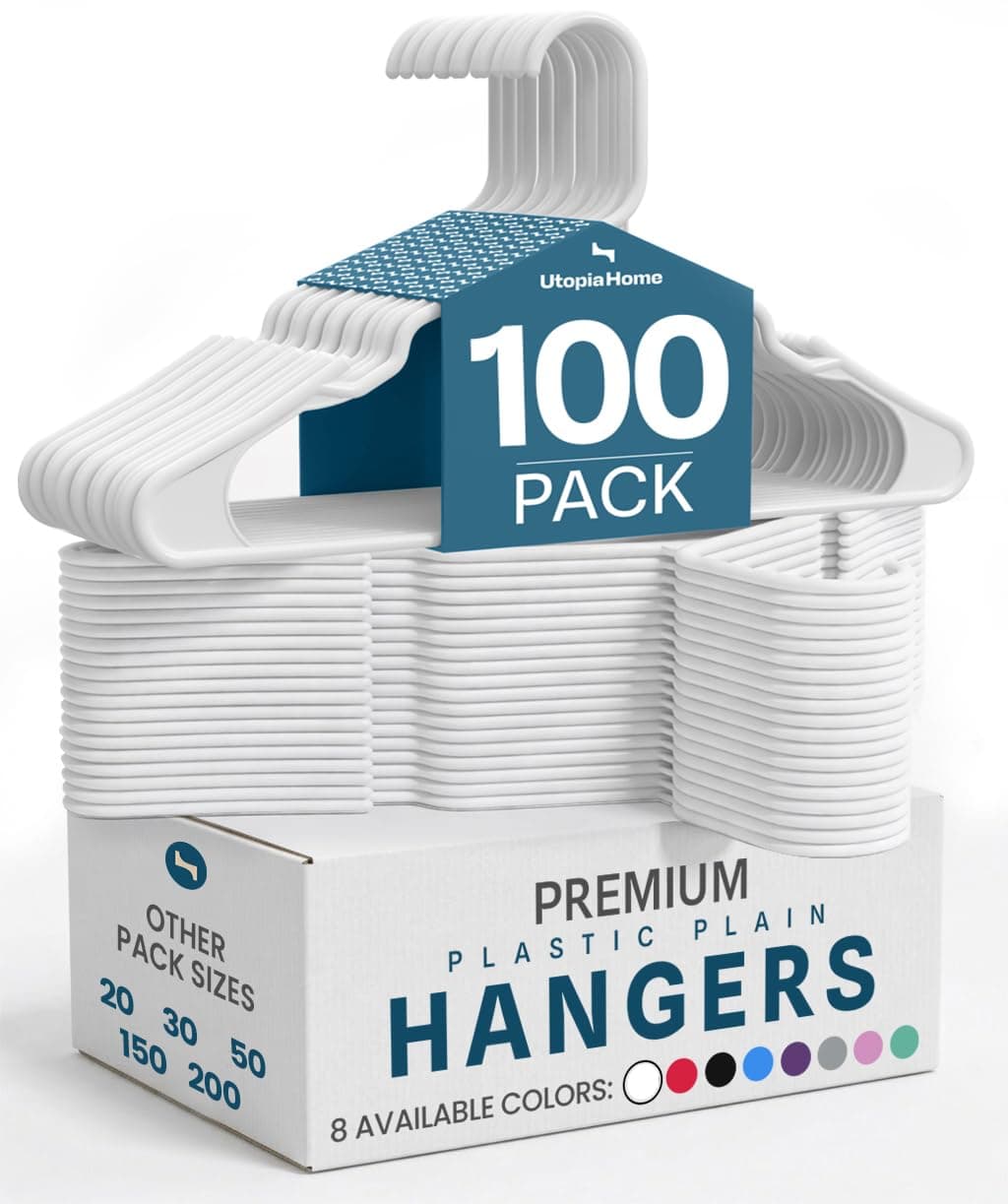 Utopia Home Plastic Hangers 100 Pack - Perfect Space Saving Clothes Hanger - Durable and Strong - Perfect Closet Organizers with Shoulder Grooves (White)
