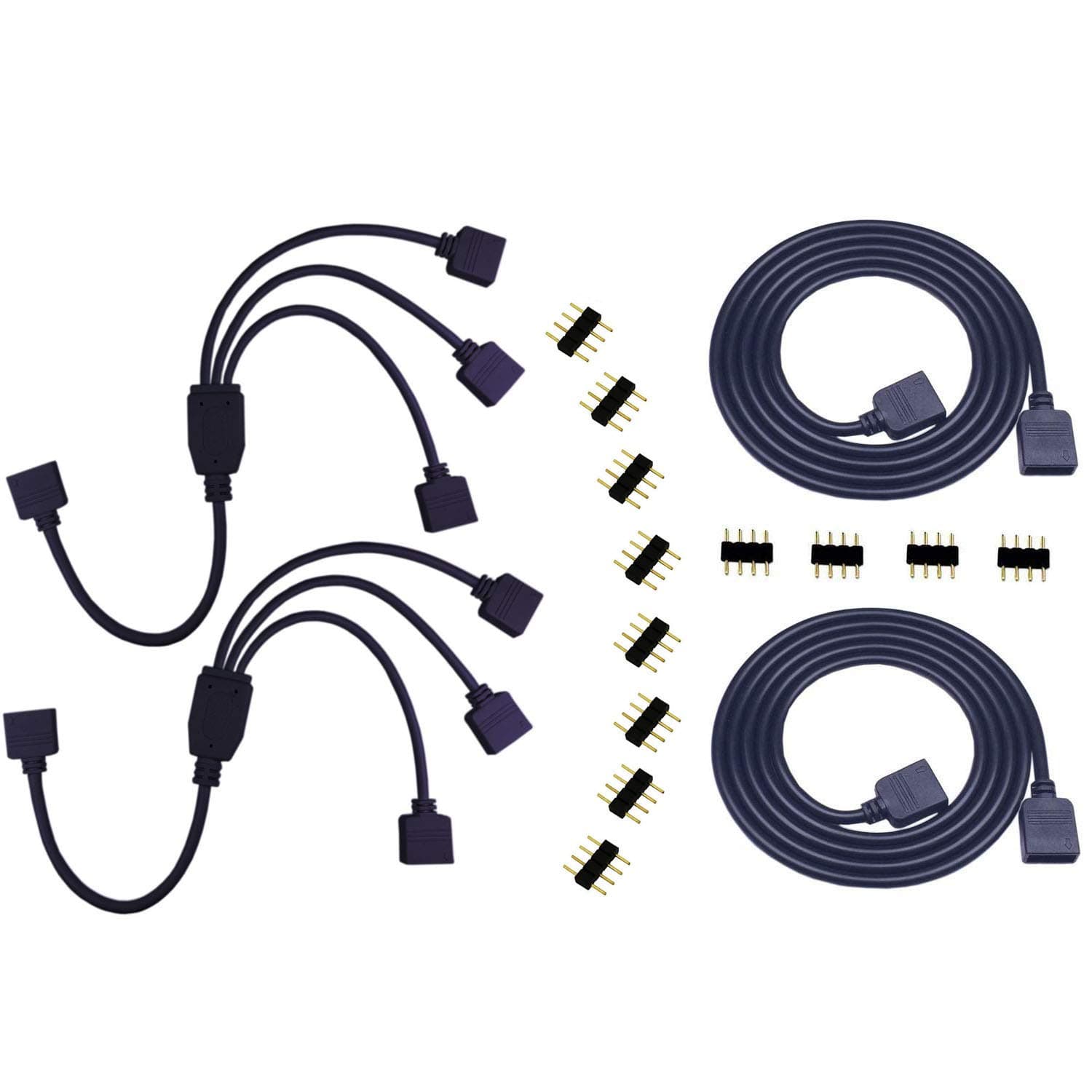 2PCS 4 Pin RGB LED Splitter Cable LED Strip Connector 3 Way Splitter 1 to 3 Y Splitter + 2PCS 4 Pin 1m 3.3ft RGB LED Strip Light Extension Cable RGB 5050 3528 2835 LED Tape Light Connector Kit (Black)