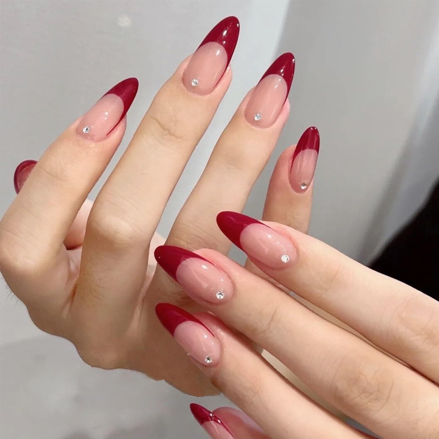 Red Press On Almond Fake Nails with Glossy Glue - Medium False Nails, Full Cover Acrylic Artificial Nails (24Pcs)