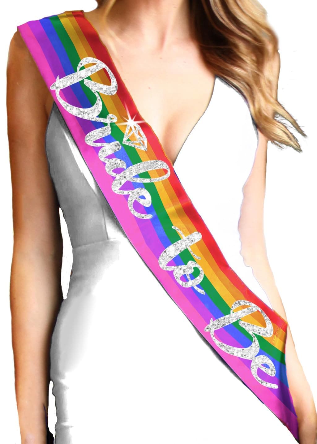 Rainbow Bride Gay Wedding Sash - Premium Quality BRIDAL GRADE SATIN Silver with Diamond Motif Bride To Be - Bridal Sash LGBTQ+ Pride, Lesbian Sash (DiamB2B Slv) RBW