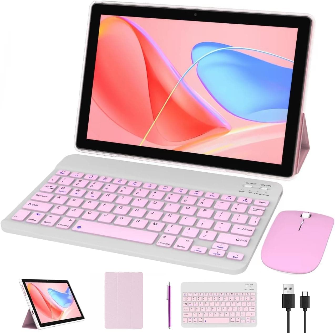 Tablet 10 Inch Android 15 Tablets 2 in 1 Tablet With Keyboard 64GB+8GB RAM 10.1" Tablets 8MP Camera 6000mAh Battery, Include Keyboard/Mouse/ Case/ Stylus Pen/Bluetooth Wifi-6 Tab Pink/Girl Tableta PC
