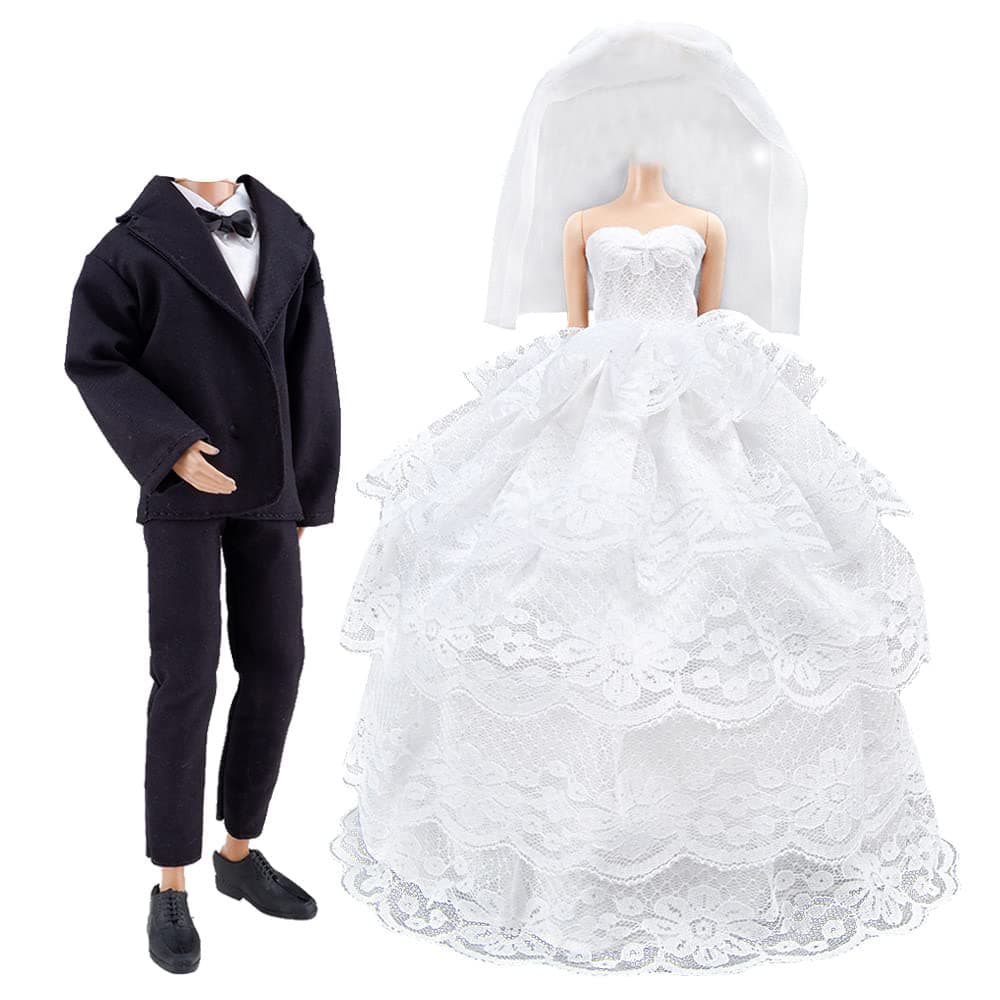 E-TING Wedding Set Beautiful Gown White Bride Dress Clothes with Veil and Groom Business Suit Outfit for Dolls(Doll Not Included)