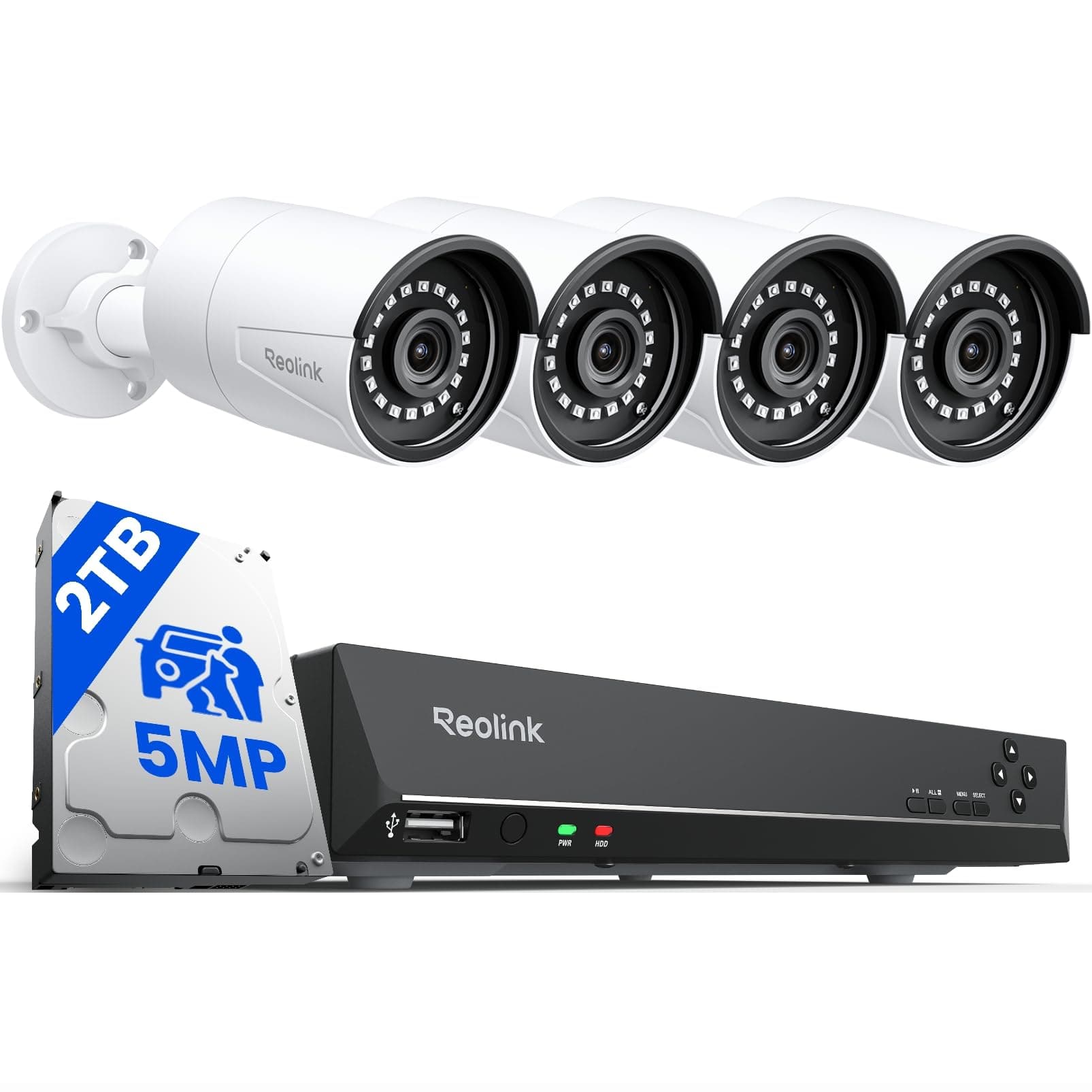Reolink 4K 8CH NVR CCTV Camera System, 4X 5MP Security Camera Outdoor with Person Vehicle Detection, 2TB HDD for 24/7 Recording, UHD PoE IP Cameras Night Vision Audio Email App Alerts, RLK8-410B4-5MP