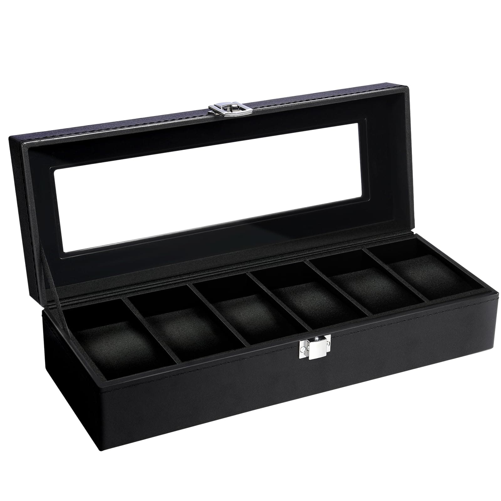 Uten Watch Box for 6 Watches, Men's Watch Box with Glass Lid, Black Lining, Removable Padding, Metal Buckle, Jewellery Box for Men and Women Watches