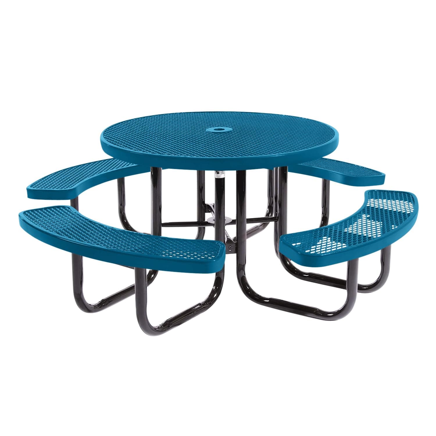 Heavy-Duty Portable Outdoor Picnic Table with Umbrella Hole, Expanded Metal Commercial-Grade Patio Dining Furniture Made in America (46" Round Top, Light Blue)