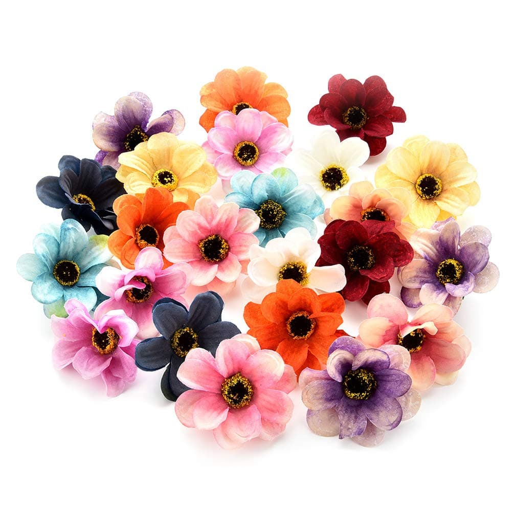Fake flower heads in bulk wholesale for Crafts Silk Sunflower Daisy Peony Handmake Artificial Flower Heads Wedding Gifts Decoration DIY Wreath Gift Scrapbooking Craft Flower 50pcs 6cm (Colorful)
