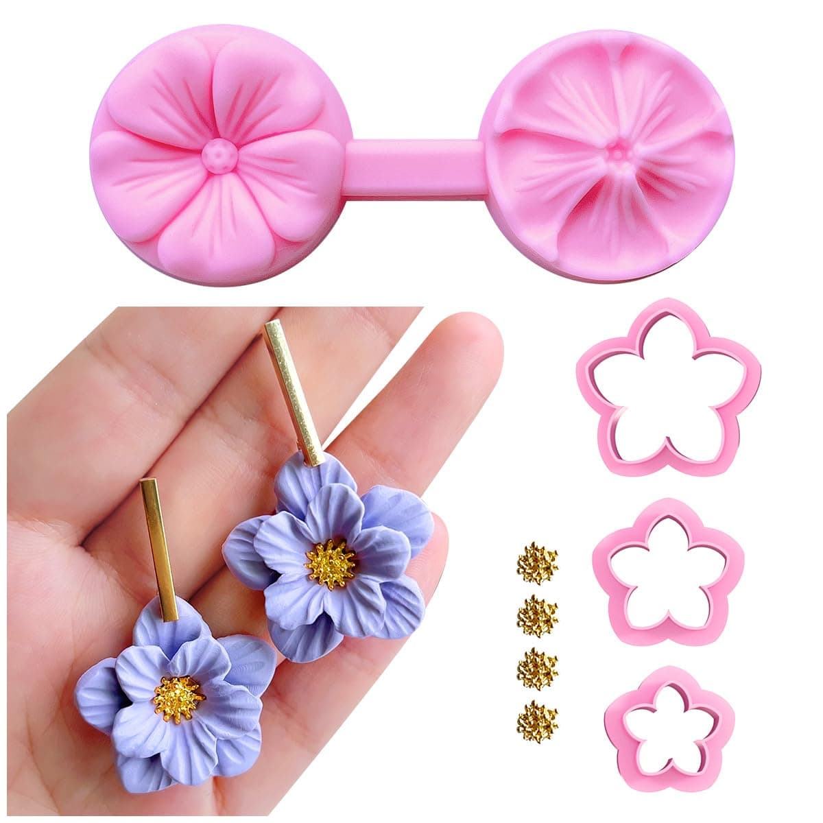 Keoker Flower Petal Clay Cutters - Polymer Clay Cutters for Earrings Making, 4 Shapes with Polymer Clay Petal Press Mold, Clay Cutters for Polymer Clay Jewelry (C)