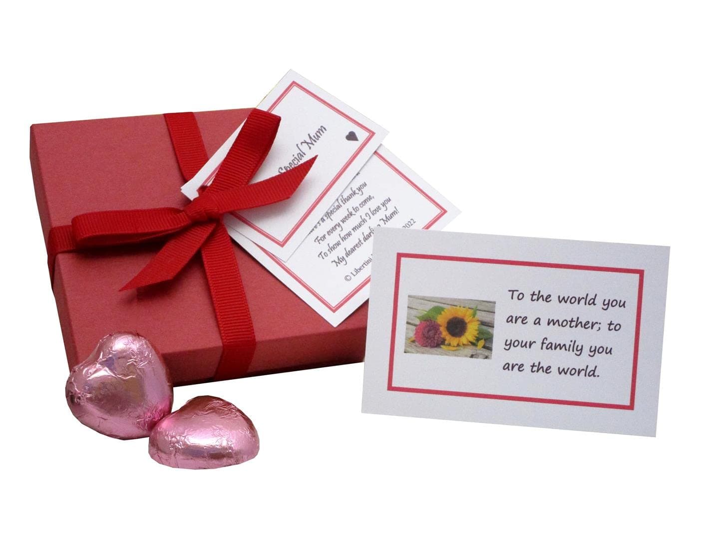 Libertini Design Studio Mum's Mottos – a Special Keepsake Gift for Mum with 52 Motherhood Quote Cards, Poem and Four Yummy Chocolate Hearts. Handmade and Personalised.