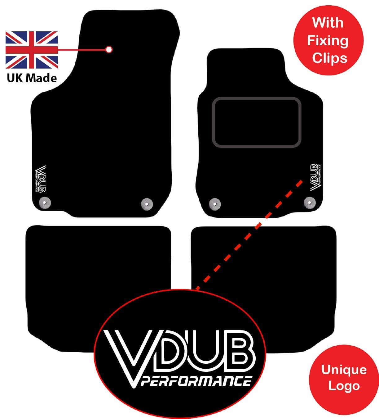 Lusso Tailored Car Floor Mats Compatible to fit VW Golf MK4 1997 to 2004 with Vdub Performance logo & 4 Round Clips (Silver Edging)