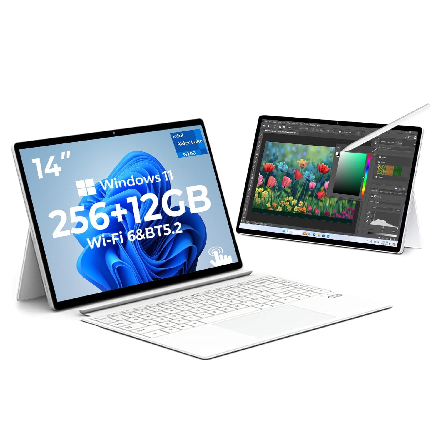 Changing 2 in 1 Laptop 14” Touchscreen|Windows Tablet with Keyboard&Stylus|Windows 11 Pro|Bigger than Surface Pro|N100 ultra-low power Processor long battery life|12GB LPDDR5+256GB SSD,Wi-Fi 6(White)