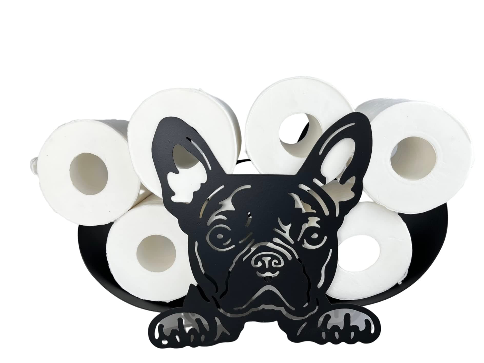 Dog Toilet Paper Roll Holder,Bathroom Toilet Paper Basket Holder Stand with Storage for Kitchen,Home&Wall(2 Side,French Bulldog Decor,Black,Metal)