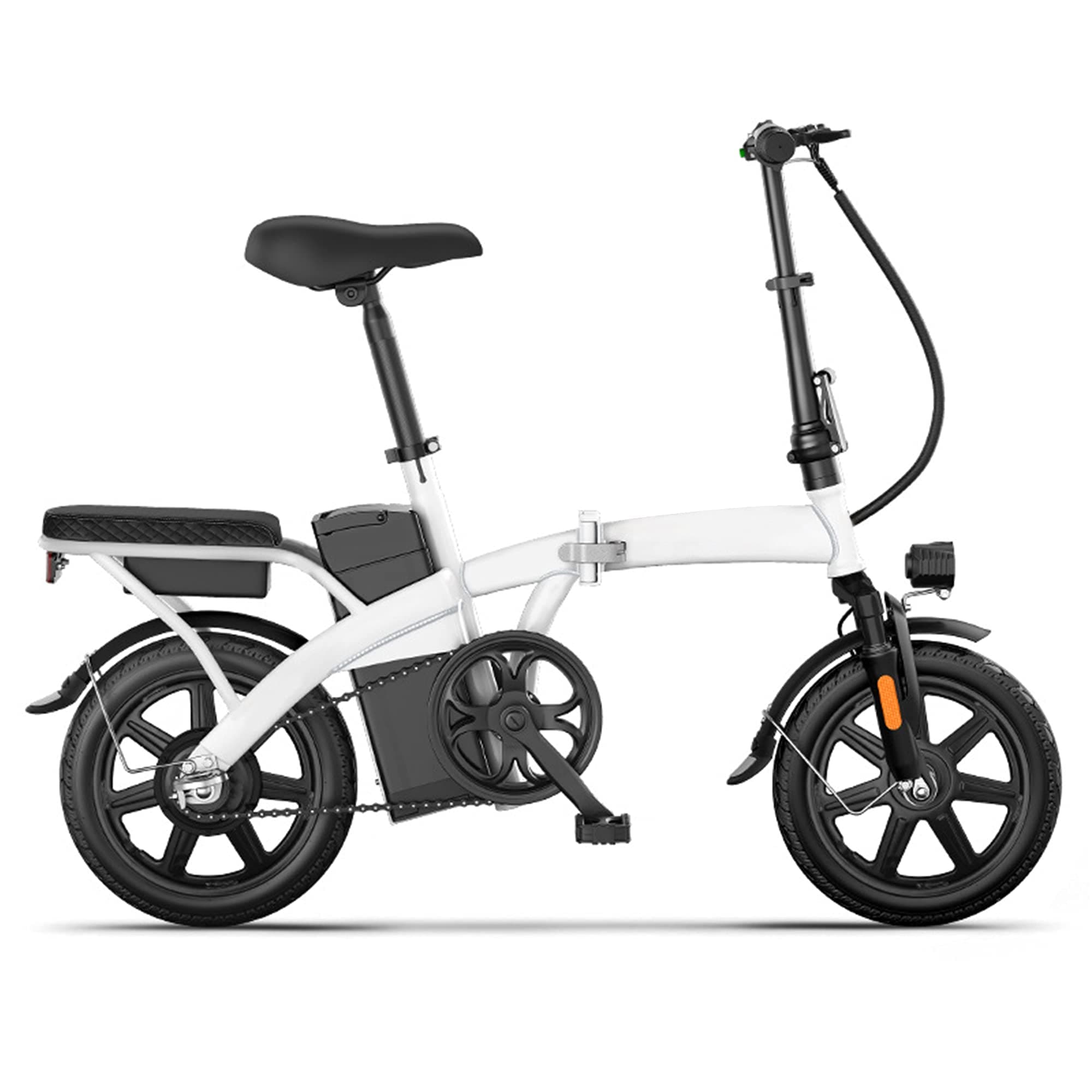 Folding Electric Bike 14" City Commuter E-bike for Adults 250W Brushless Motor Removable 48V 10Ah Lithium Battery Disc Brake Pedal Assist LED Headlight Foldable Bicycle