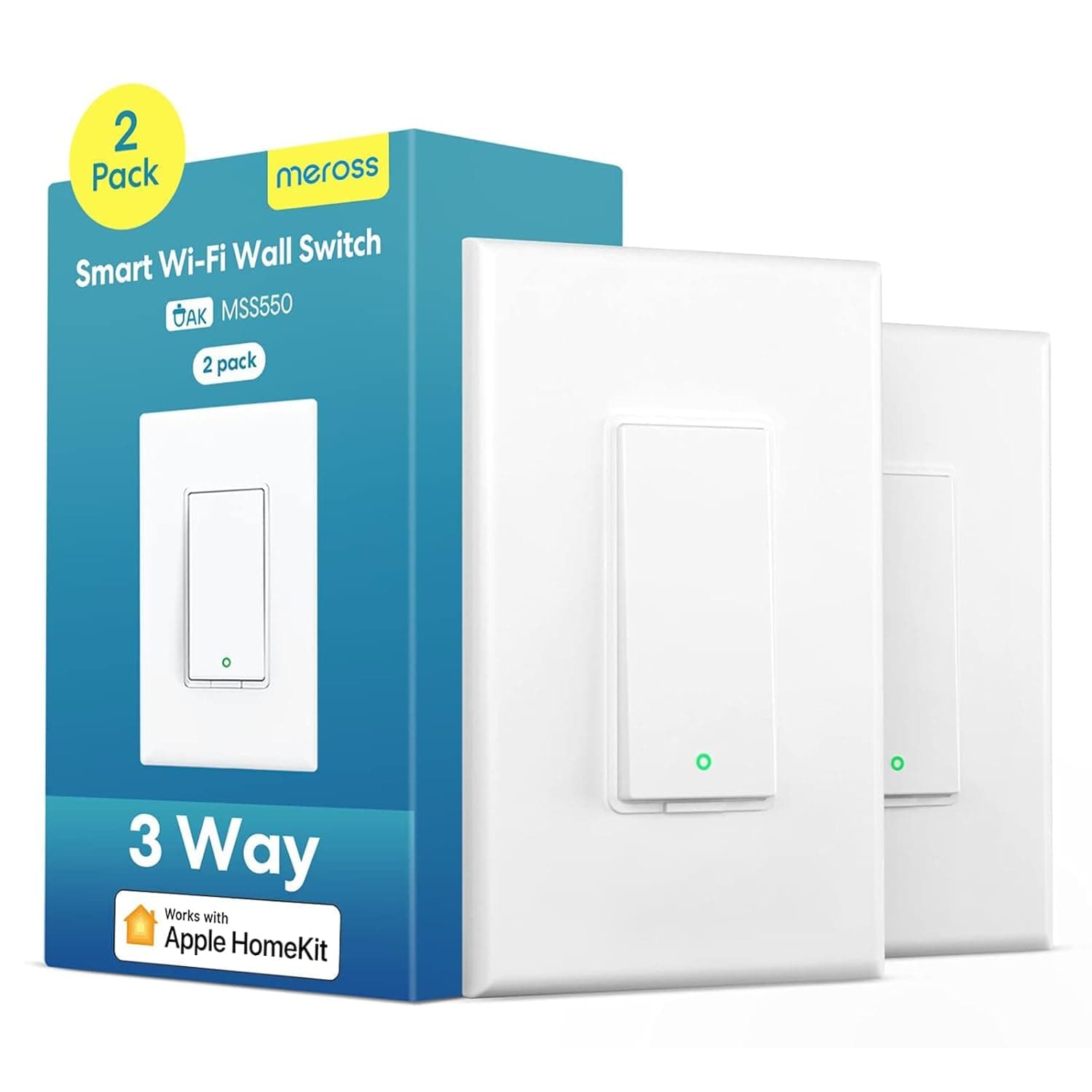 3 Way Smart Switch, Meross Smart Light Switch Supports Apple HomeKit, Siri, Alexa, Google Assistant & SmartThings, 2.4Ghz WiFi Light Switch Neutral Wire Required, Remote Control Timer 2 Pack