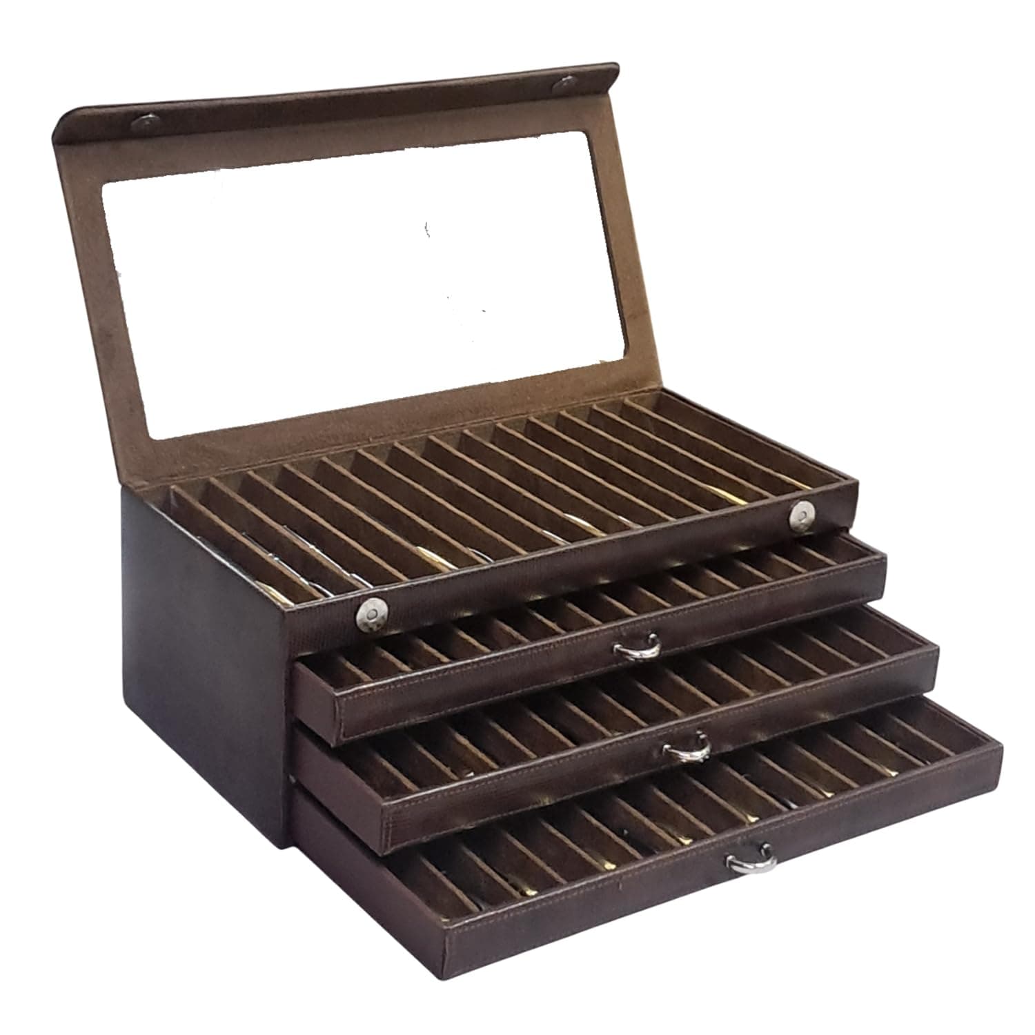 Faux Leather Four Level Pen Transparent Display Organizer Box for 60 pens in Snakebit-Brown Color