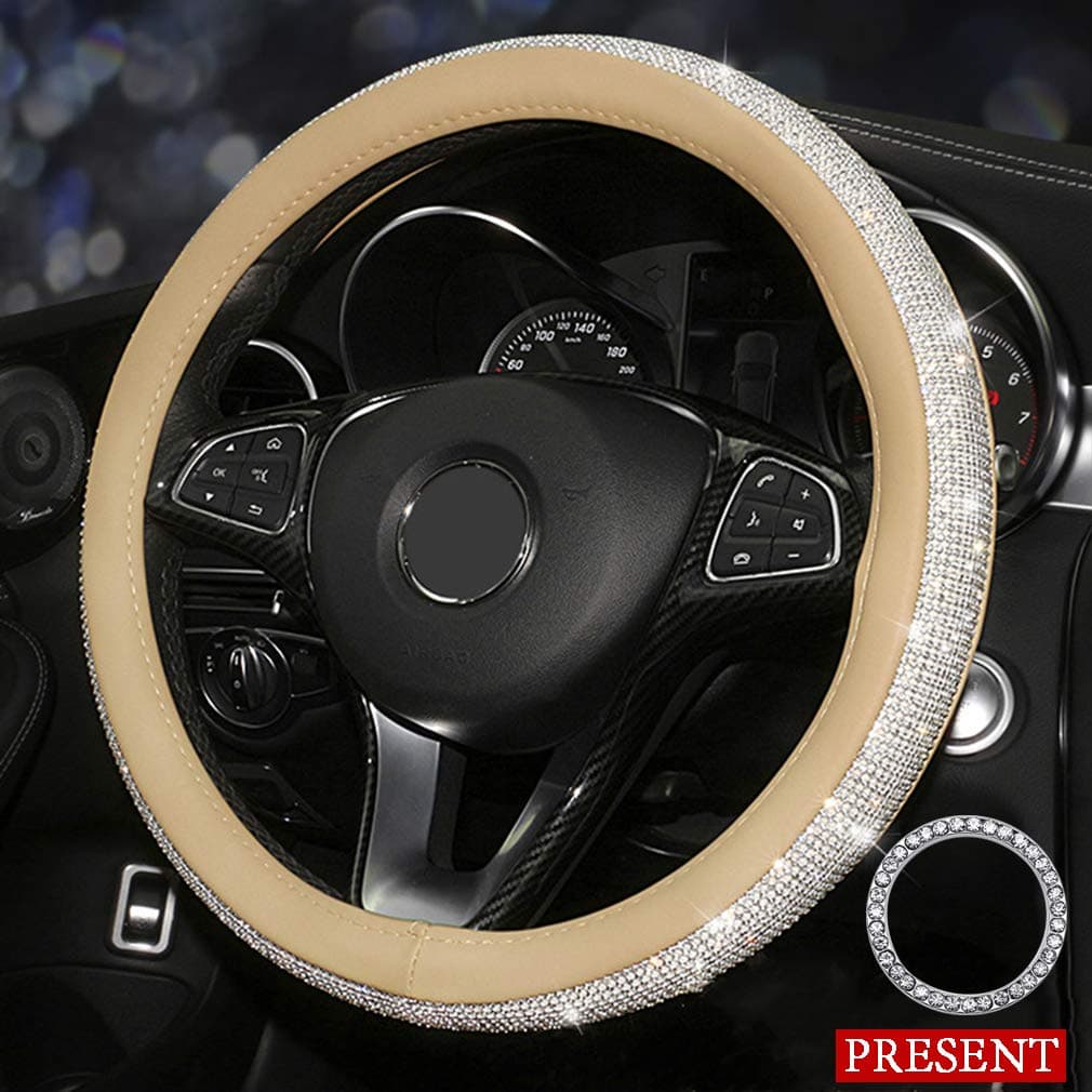 coofig Women Steering Wheel Cover Girls Bling Diamond Rhinestones Microfiber Leather Universal Fit 15 Inch Anti-Slip Wheel Protector (Beige-White)