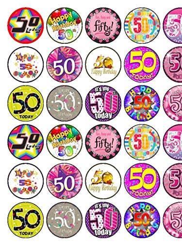 24 Assorted Pre Cut 50th Birthday Female Premium Rice Paper Cup Cake Toppers