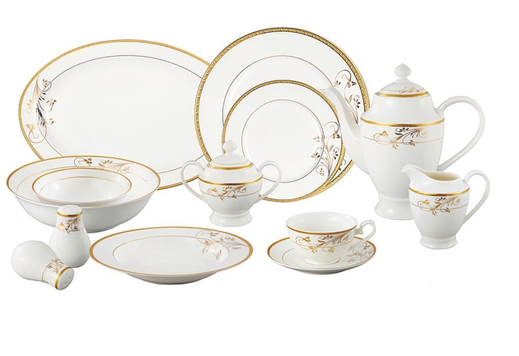 57-Piece Gold Floral Design Bone China Dishwasher Safe/Oven Safe To 350 Degrees Dinnerware Set (Service For 8)