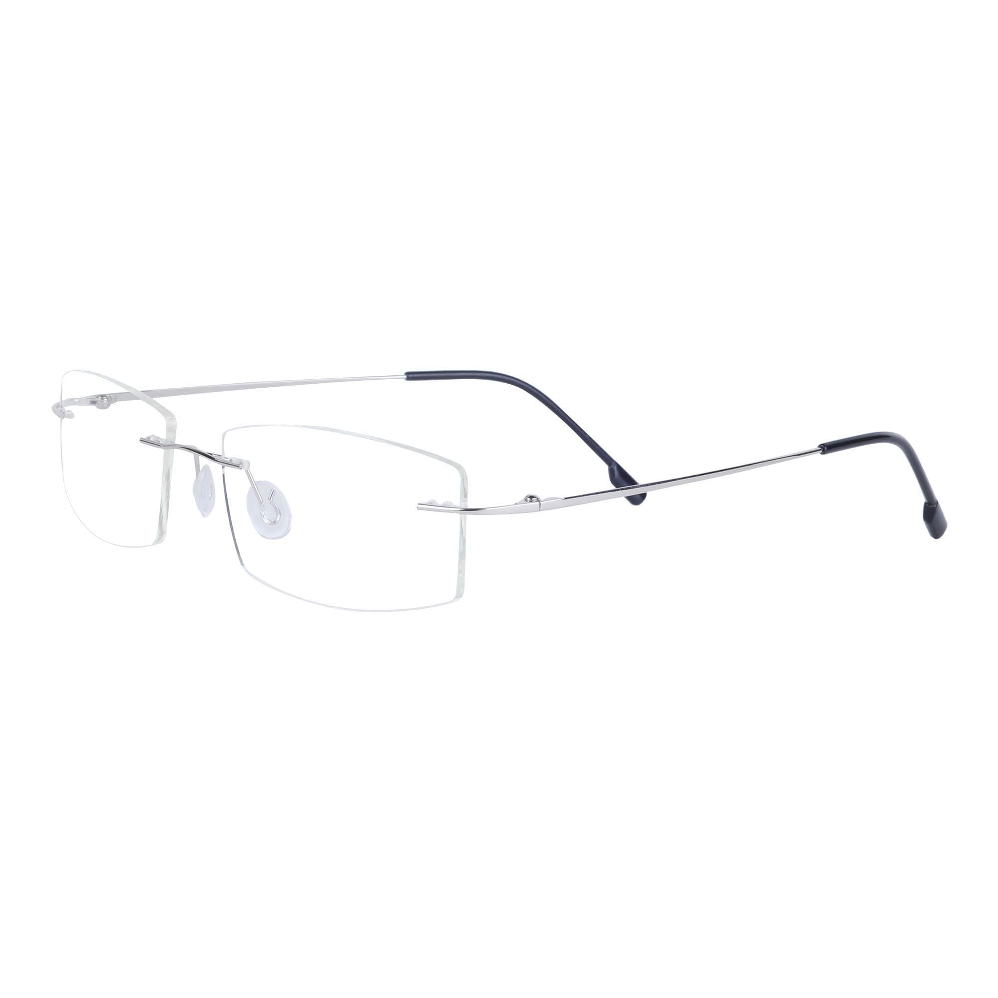 Unisex Frameless Reading Glasses +2.0 Lightweight Stainless Steel Frame + Case, Silver