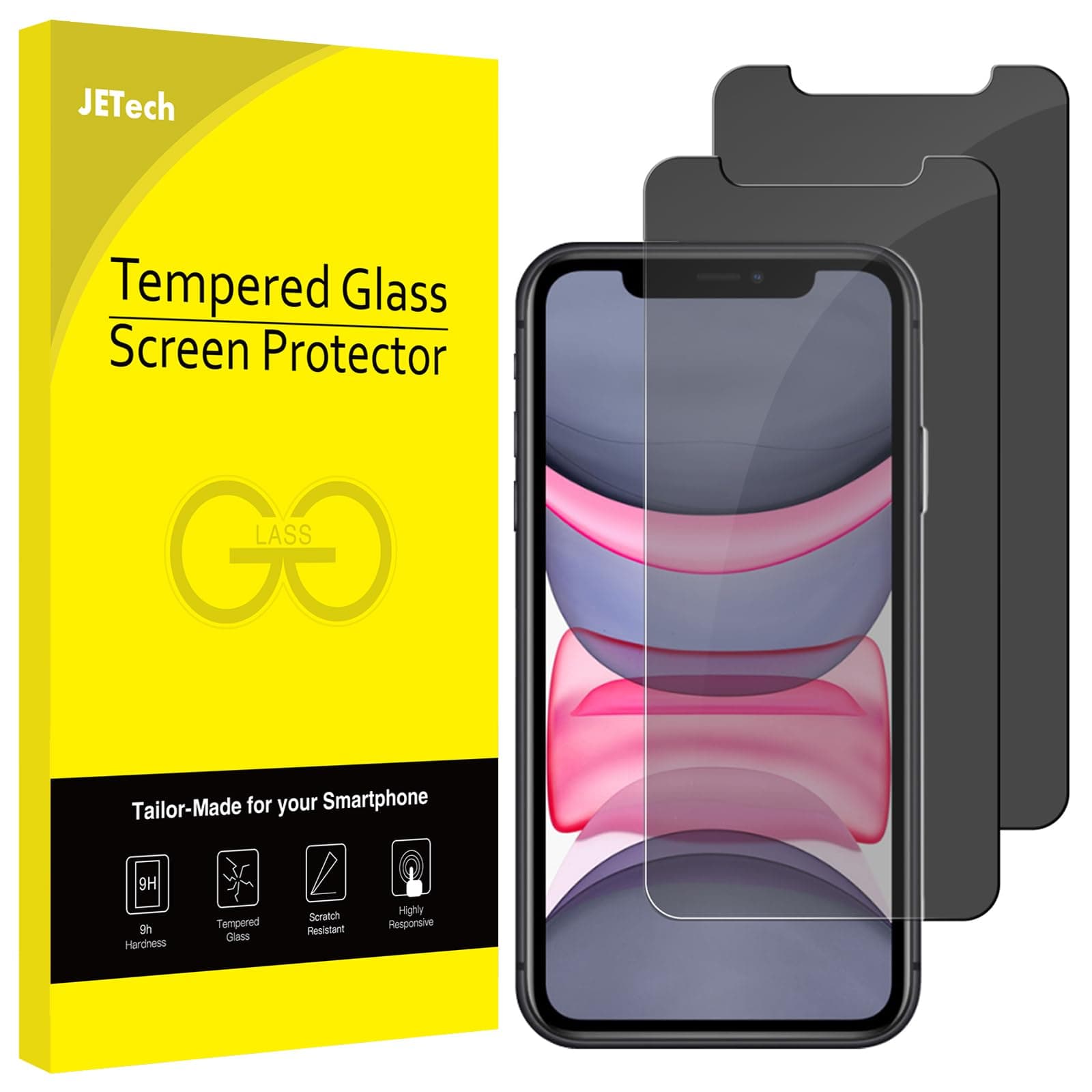 JETech Privacy Screen Protector for iPhone 11 and iPhone XR 6.1-Inch, Anti Spy Tempered Glass Film, 2-Pack