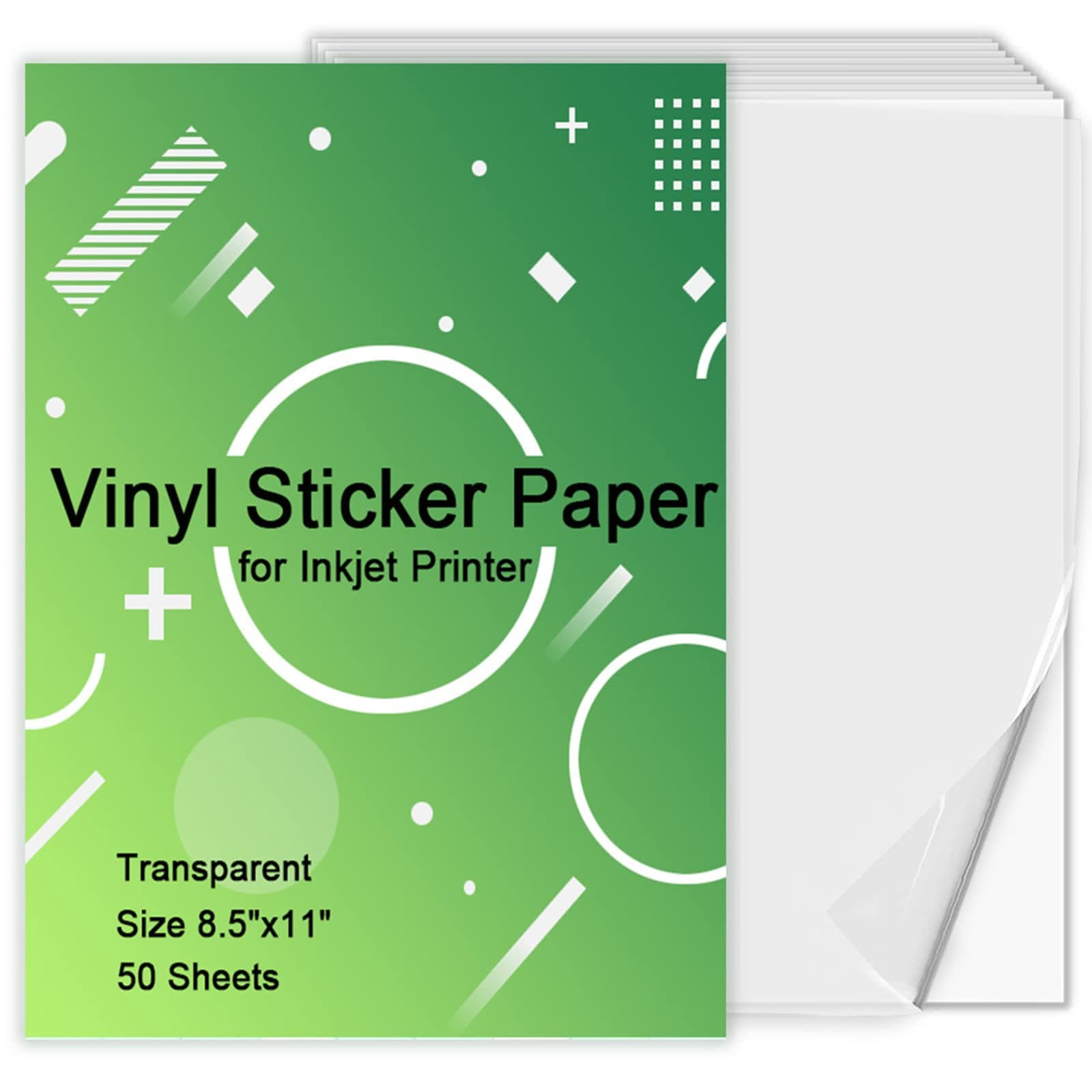 Printable Vinyl Sticker Paper for Inkjet Printer - Transparent Clear - 50 Self Adhesive Sheets - Waterproof Decal Paper - Standard Letter Size 8.5"x11" (50 sheets, transparent)