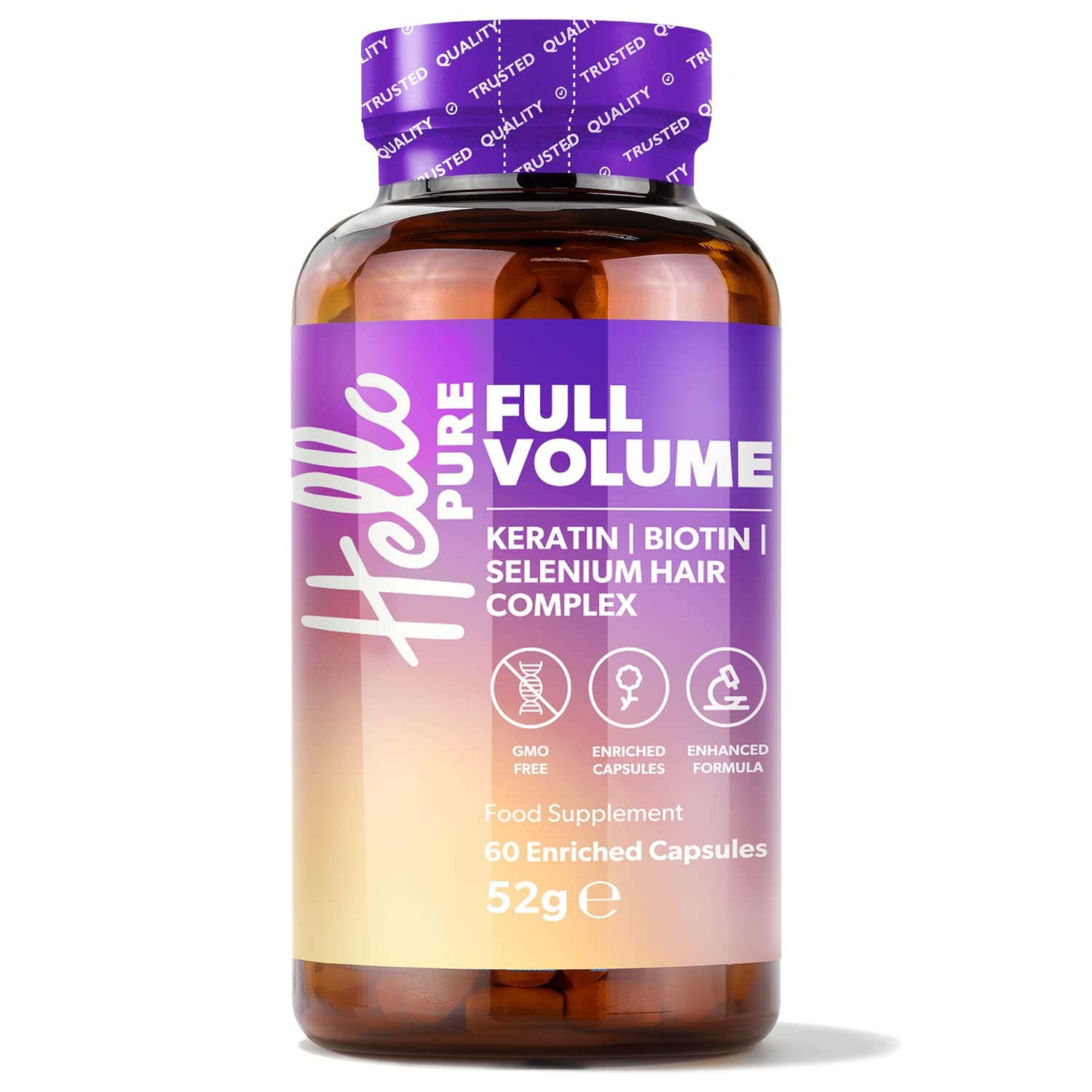 Hello Pure Full Volume Hair Growth Vitamins for Women & Men – 60 Biotin (Vitamin B7) Supplement Capsules - with Keratin, Selenium & Iron, Flaxseed – Skin, Hair & Nails - GMO Free