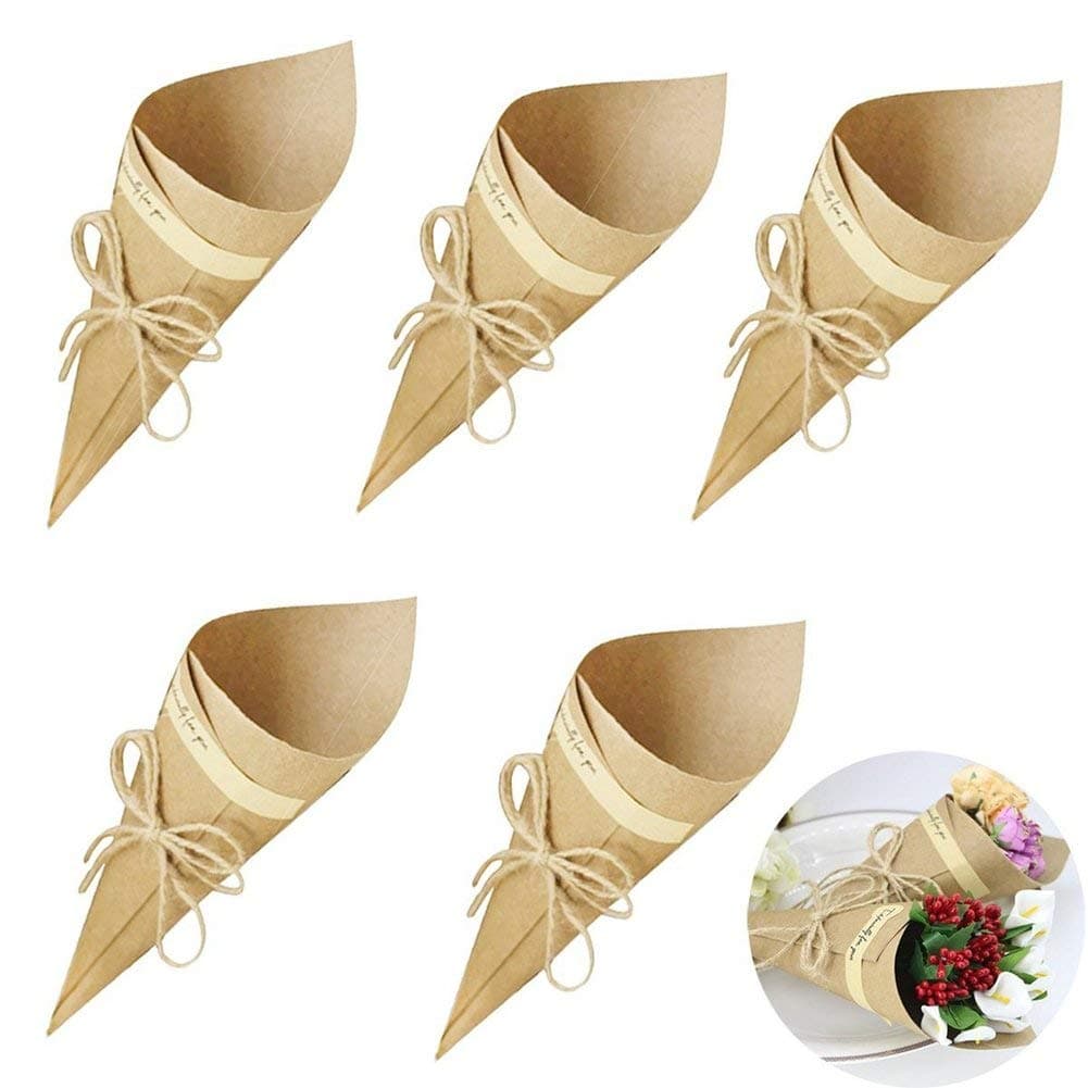 50PCS Retro Folding Kraft Paper Finger Food Cone Bouquet Candy Chocolate Bags Boxes Wedding Party Gifts Packing with Hemp Ropes