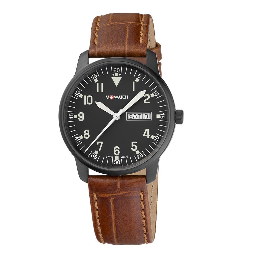 M WATCH Swiss Made Drive Men's Watch, Black Dial with Day Date, Luminous Hands, Brown Leather Strap