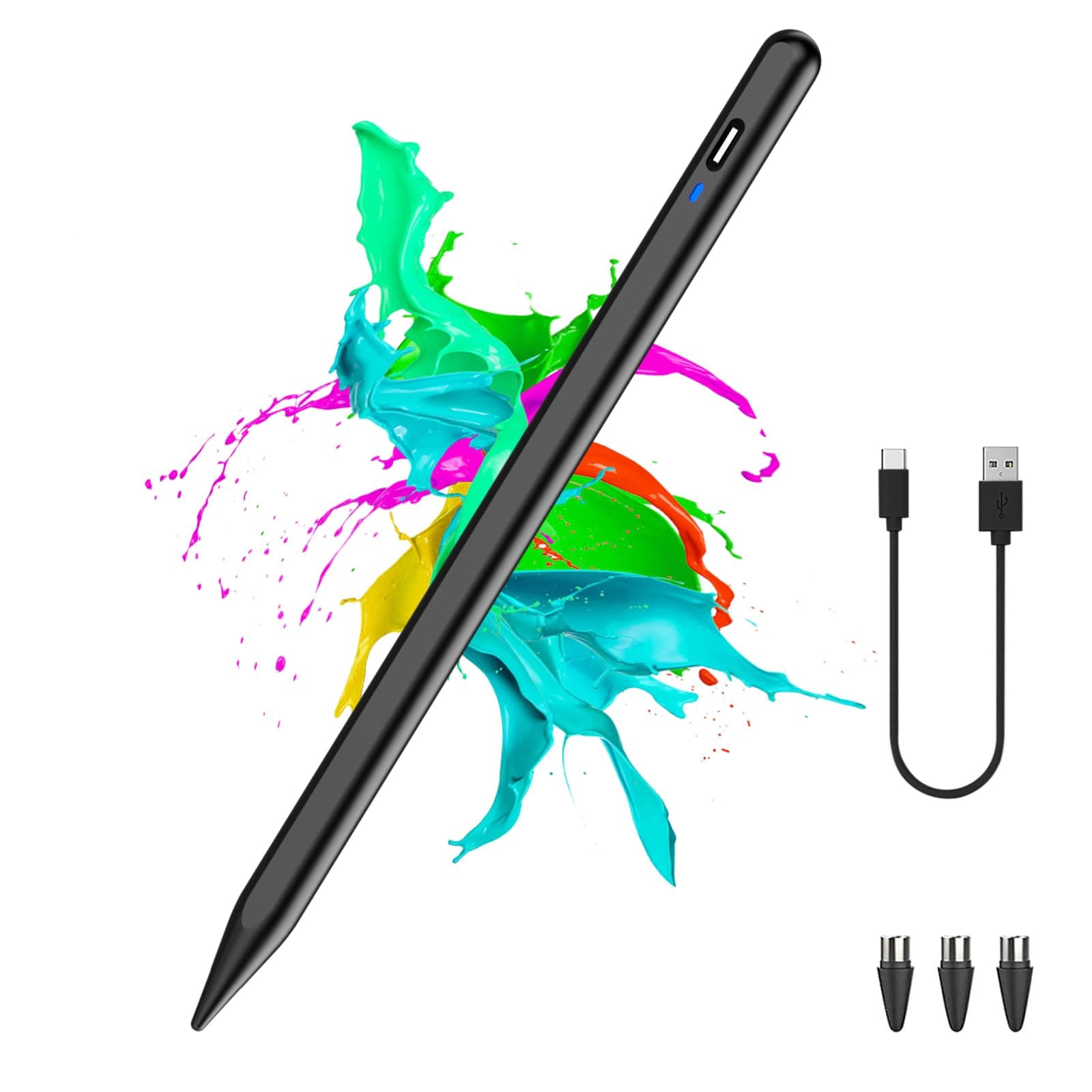 Stylus Pen for Android Tablet, Pom Tip Tablet Pencil for iOS/Android,Rechargeable Active Stylus Pen for iPhone/Samsung/XiaoMi/Huawei/Vivo/Lenovo and Other Android Smartphones and Tablets-Black