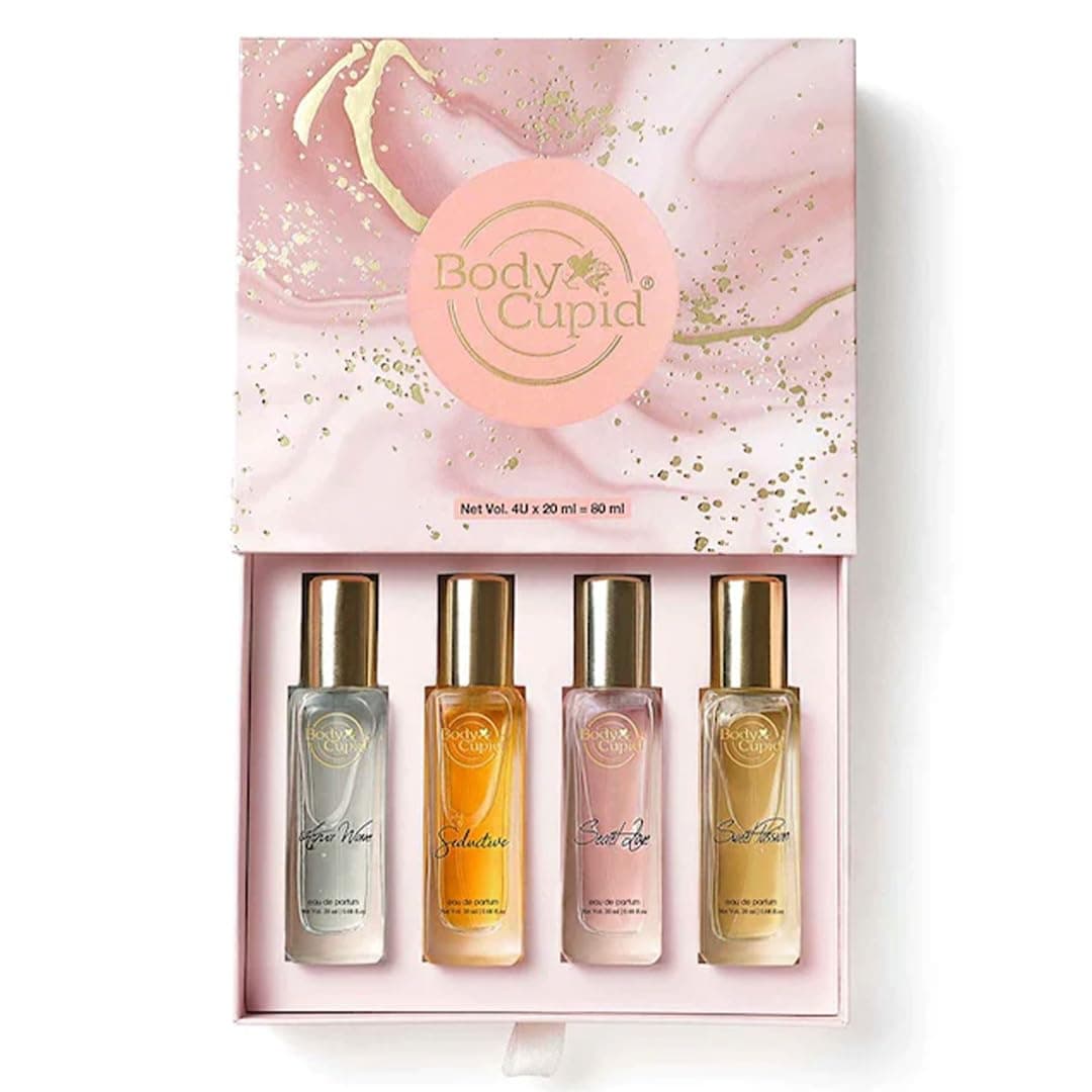 BODY CUPID Luxury Perfume Gift Set For Women 4X20 Ml, Long Lasting Premium Fragrances, Aqua Wave, Secret Love, Seductive, Sweet Passion, 80 Ml - Spray