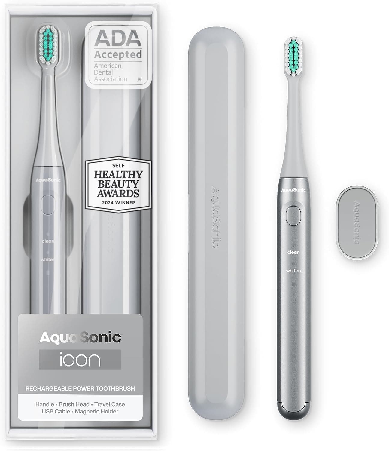 Aquasonic Icon Rechargeable Power Toothbrush | Magnetic Holder & Slim Travel Case | 2 Brushing Modes & Smart Timer | Modern, Convenient & Powerful (Silver)