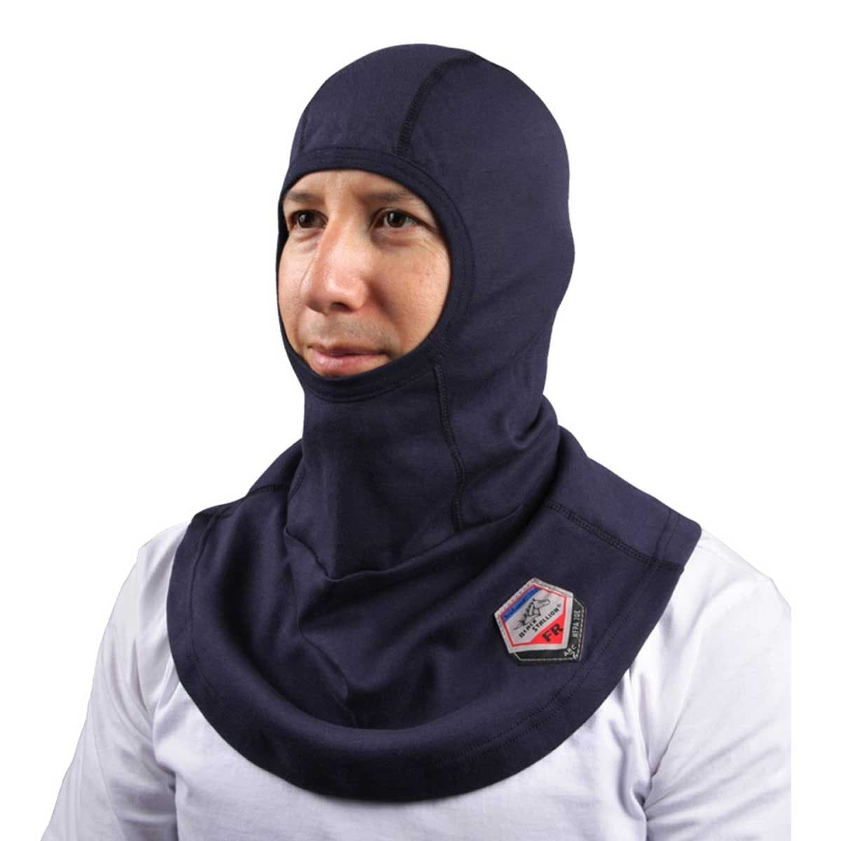 (AH1520-NV ARC-Rated Flame-Resistant Cotton Balaclava, Single Layer, Ergonomic Contoured Fit, Circular Neck Drape, One Size Fits Most, Blue