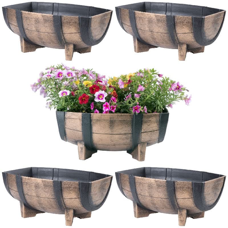 FaboerPack of 2 x Garden Half Barrel Flower Planter Pot Wooden Oak Effect Outdoor Decoration Home Farmhouse Decor, Rustic Lightweight Flower Planter for Garden, Home, Cafes, Balcony, Dining Room