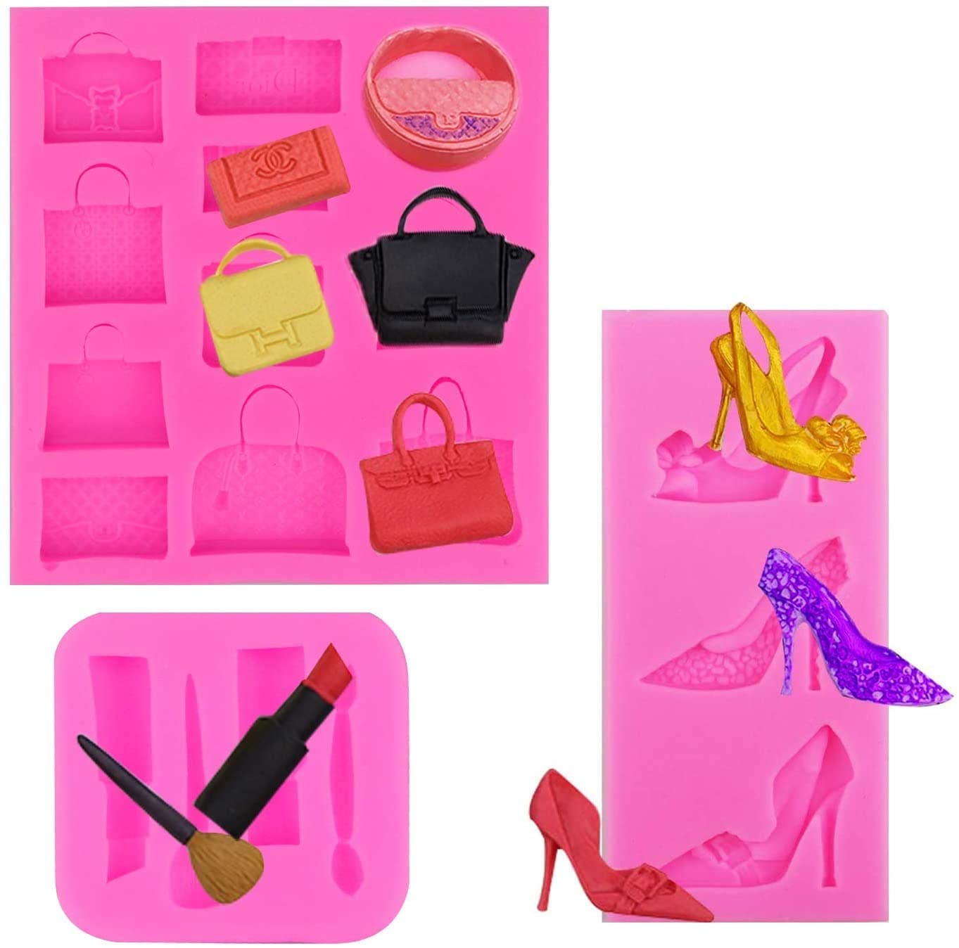 Chistepper3 Pack Handbag Clutch Bags Purses High-heel Shoes Silicone Molds Makeup Design Candy Chocolate Molds Gum Paste Keychain Molds