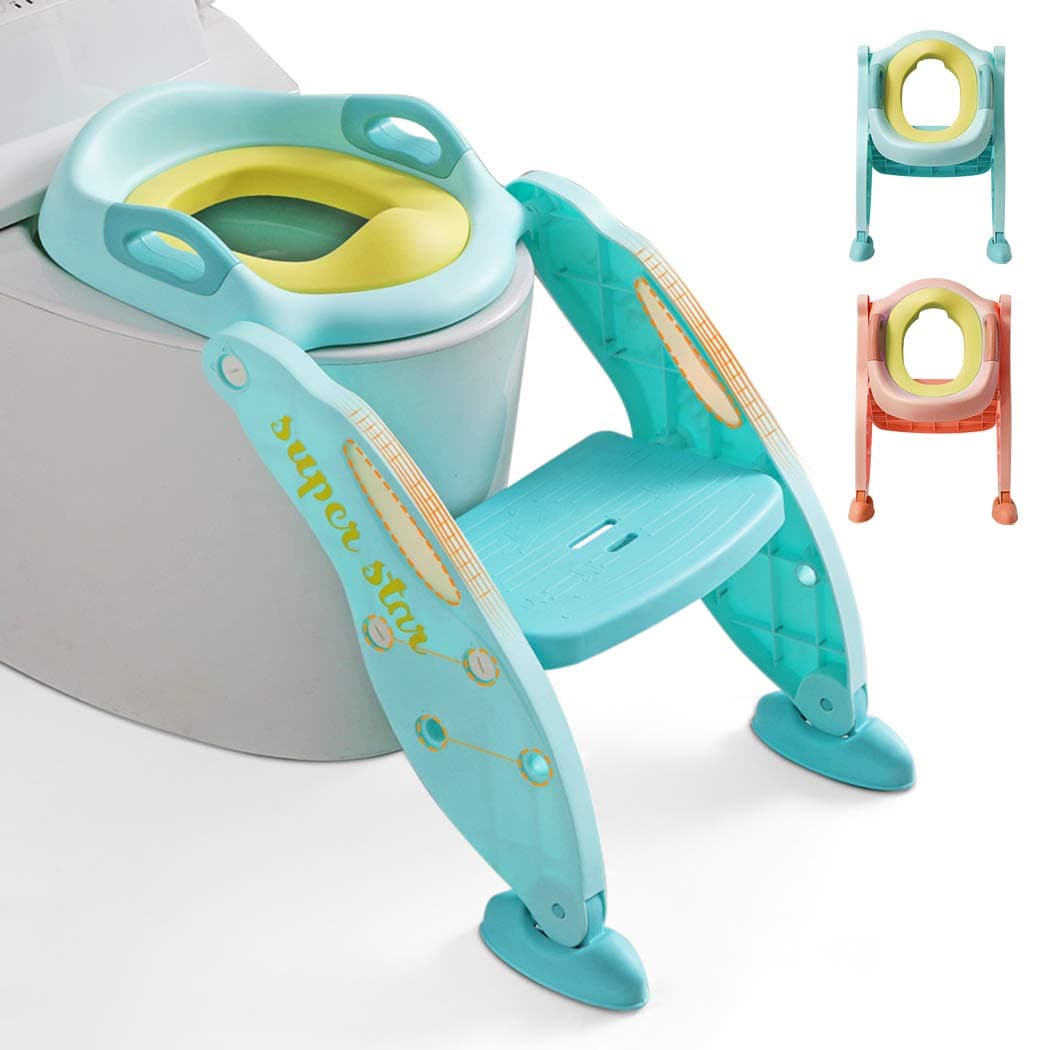 Potty Training Toilet Seat with Step Stool Ladder for Kids Girls Boys Baby and Children- AISIMEE Toddlers Toilet Training Seat Chair with Soft Cushion and Anti-Slip Pads Wide Step(Blue)