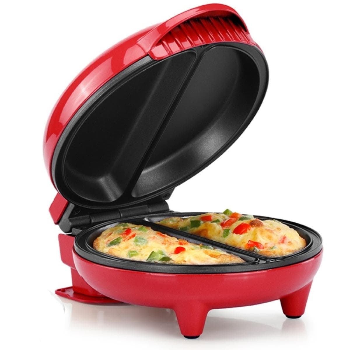 Holstein Housewares Stainless Steel 2 Section Omelet & Frittata Maker, Non Stick Coating, Easy To Clean, Indicator Lights, Compact Storage, Prepare Versatile Recipes in Minutes. 2 Portions, Red