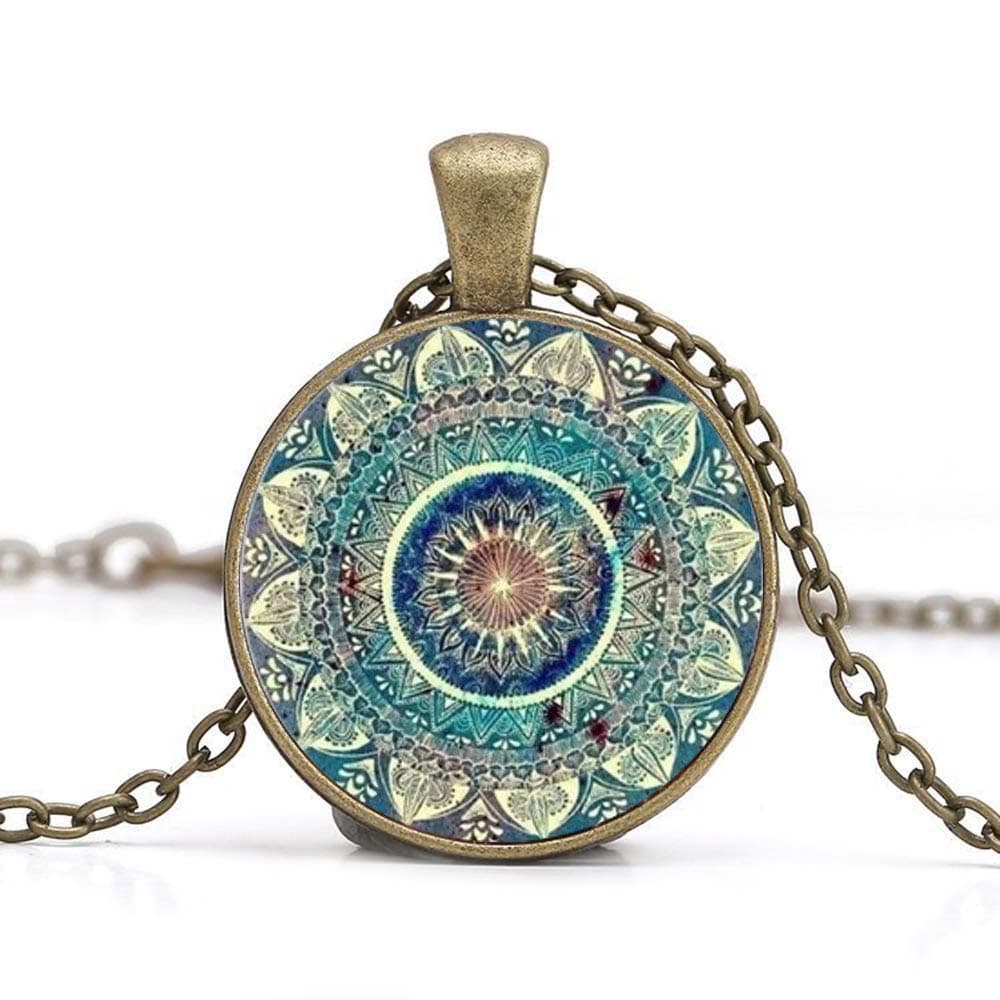 Vintage Glass Dome Necklace Buddhism Chakra Glass Cabochon Pendant Jewelry Om India Yoga Mandala Necklaces for Unisex