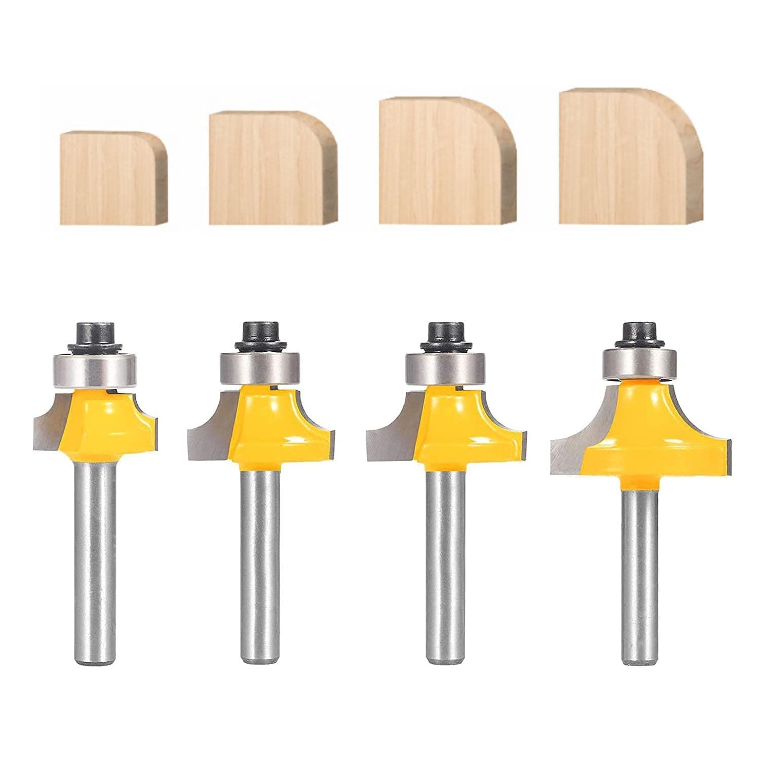 Roundover Router Bit Set,4pcs Router bit Set,1/4 inch Shank,Radius in 1/8", 1/4", 3/16", 5/16",Bearing Guide for Rounding Edge bit (4pcs Roundover Router Bit)