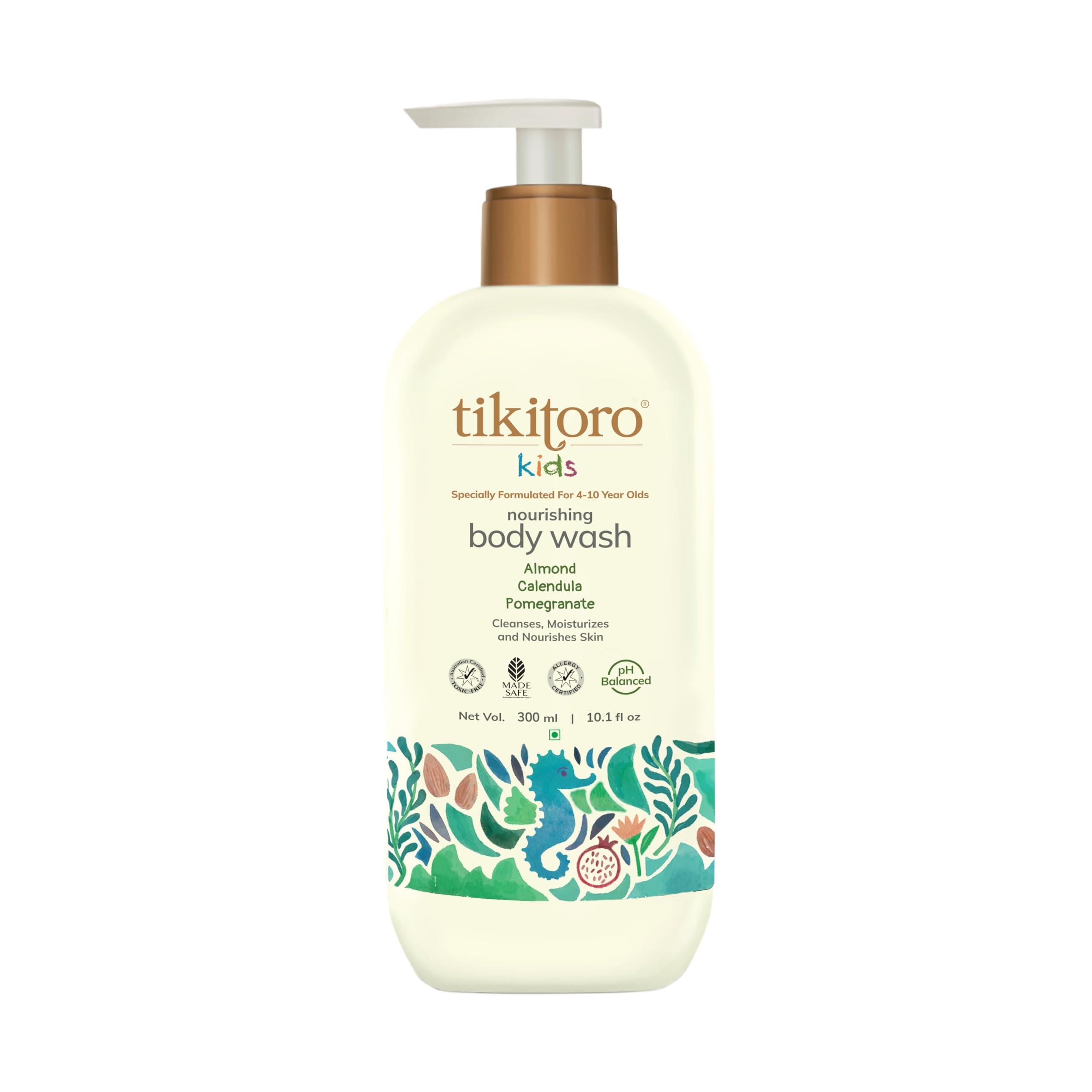 Tikitoro Kids Nourishing Body Wash | Pediatrician Approved | Vegan | Cleanses, Moisturizes & Nourishes Skin | Almond, Calendula, Pomegranate Extract | No Parabens & Sulphates, Age 4+ years (300ml)