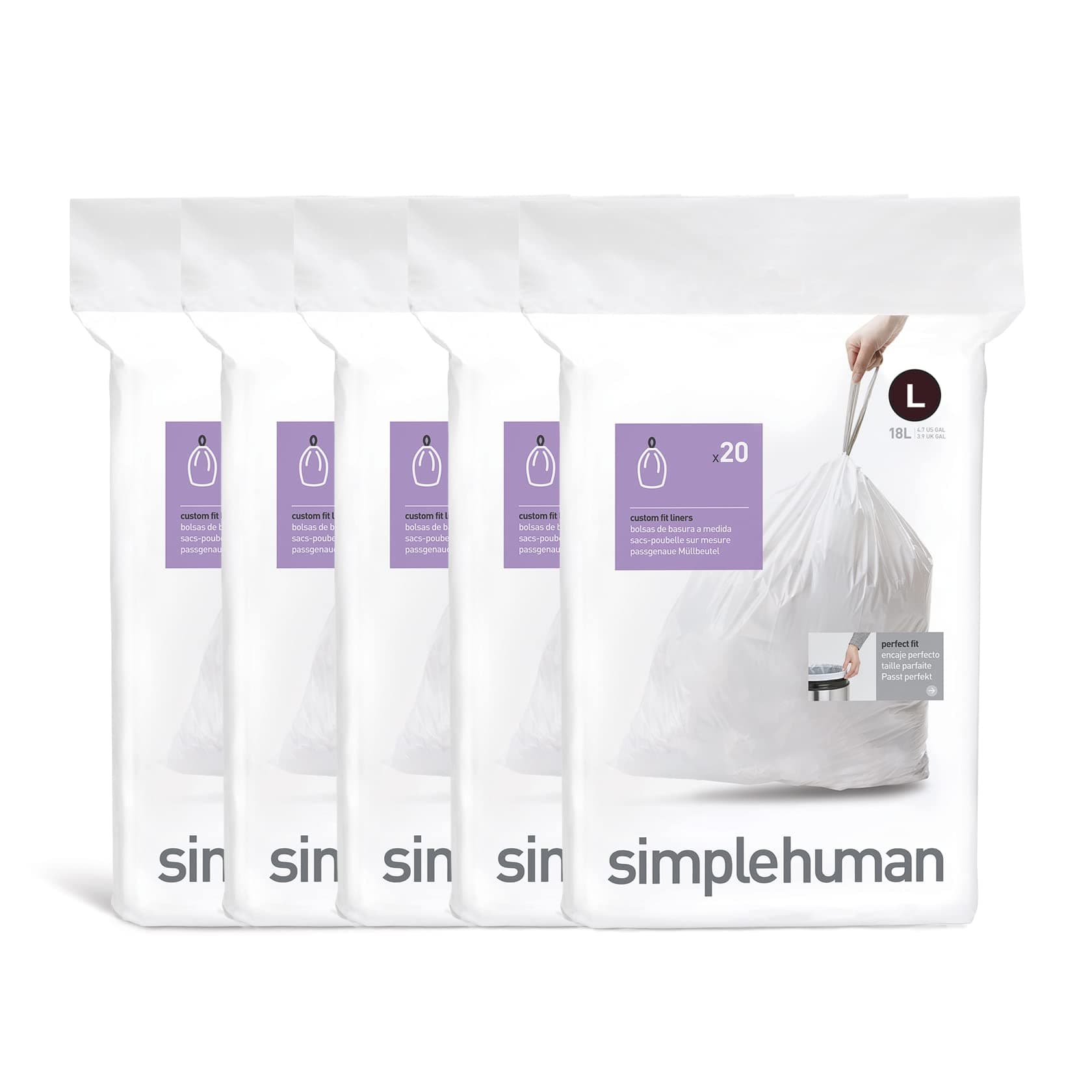 simplehuman Code L 100 Liners, 50% Recycled Custom Fit Bin Bags in Dispenser Packs, Durable Drawstring Tie Handle, 18L, White