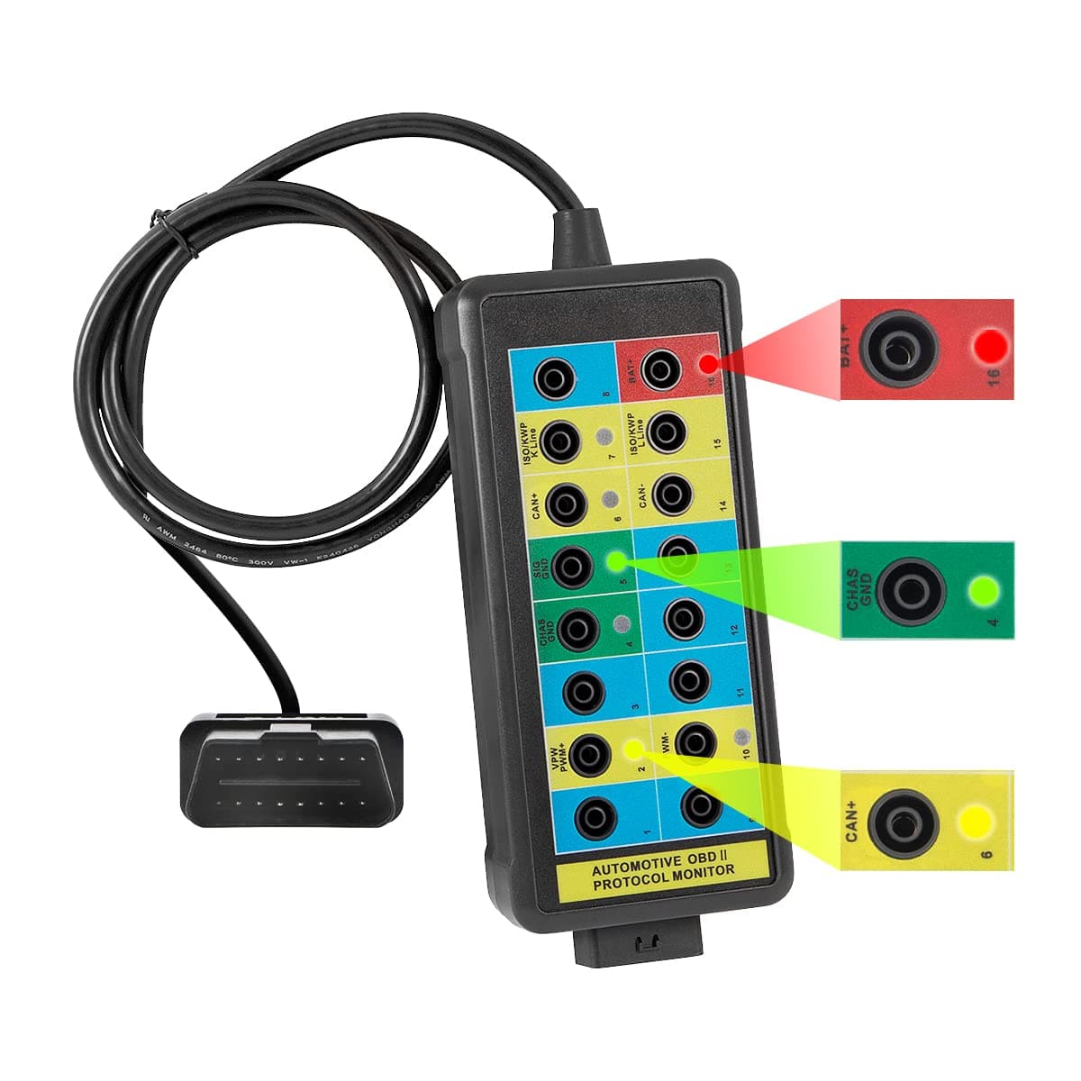 OBD2 Breakout Box with LED Light Indicator, Professional 16-Pin OBD Breakout Box, Automotive Electrical Diagnostic Test Tool, Portable Testing Tool