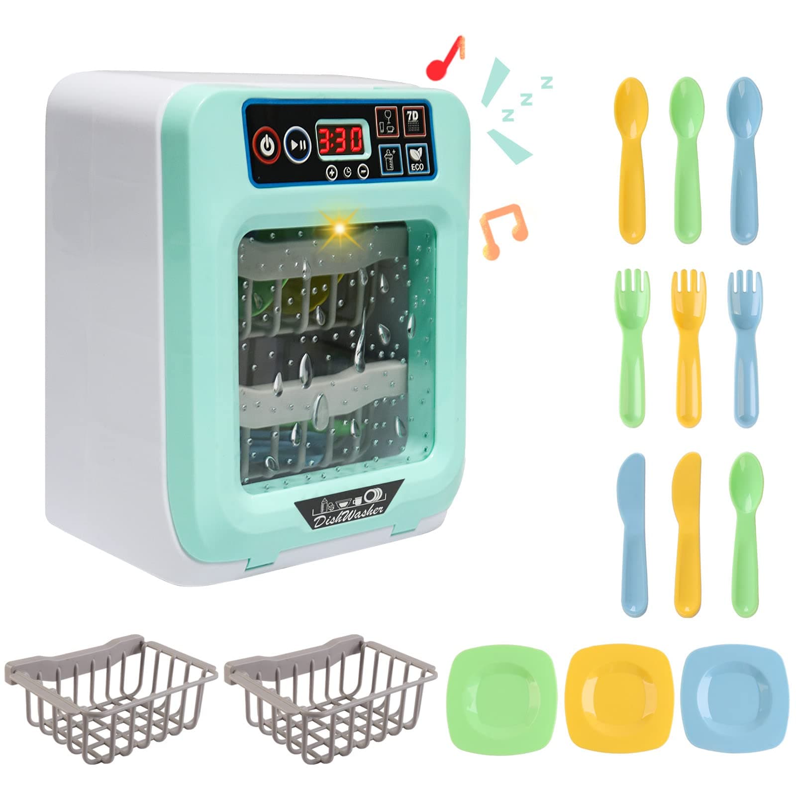 deAO Kitchen Set for Kids Dishwasher Play Set with Variety of Accessories and Realistic Functions, Lights and Sound Included, Pretend Play Toy for Kids Boys Girls Toddler