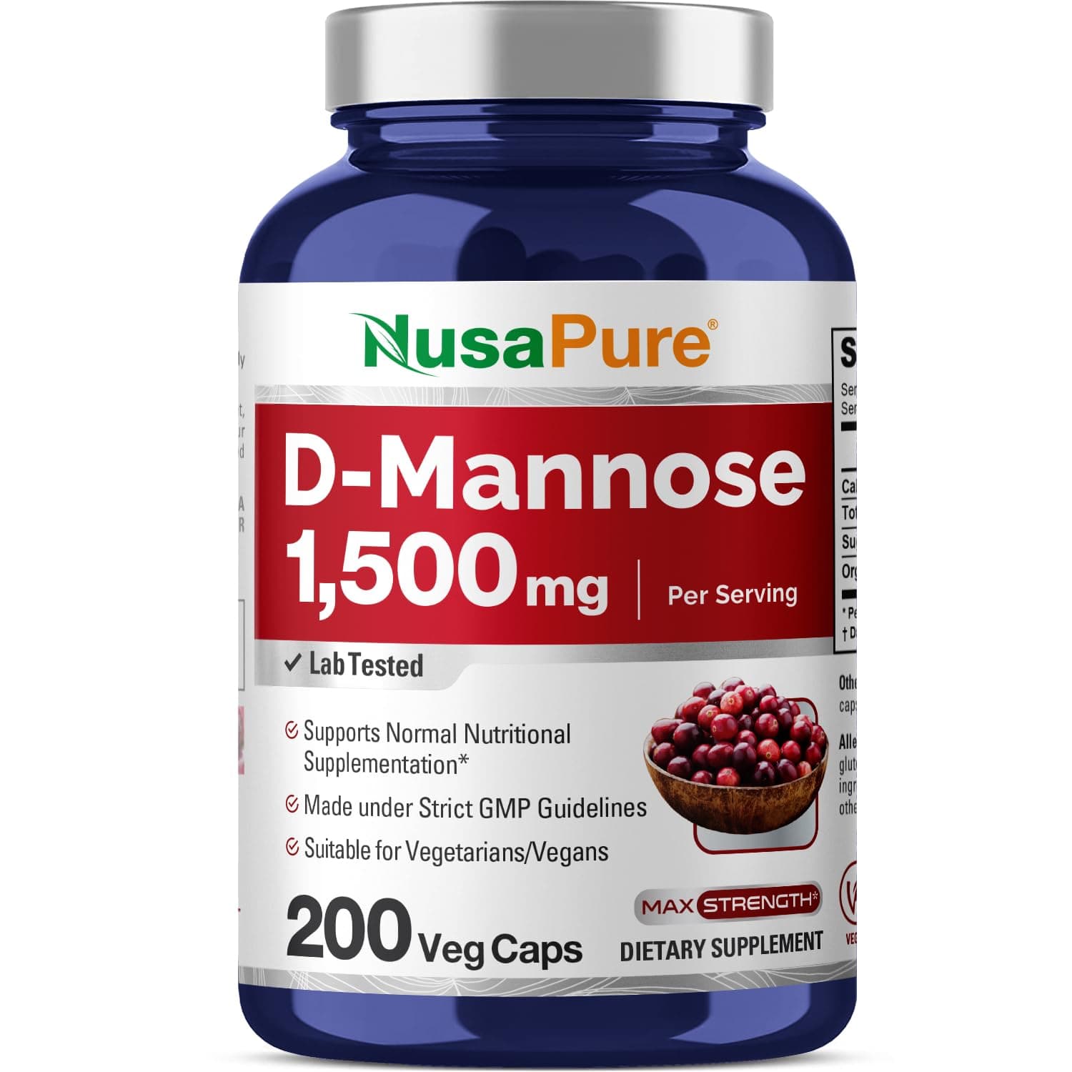 NusaPure D-Mannose 1500 mg per Serving - 180 Vegetarian Capsules (Non-GMO & Gluten-Free).with Organic D-Mannose
